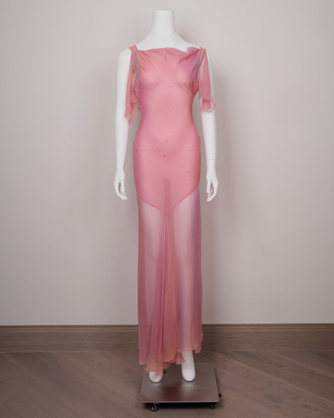 Preowned Christian Dior by John Galliano 2000s Pink & Gold Chiffon Evening Dress Rhinestone Straps & Cowled Neckline