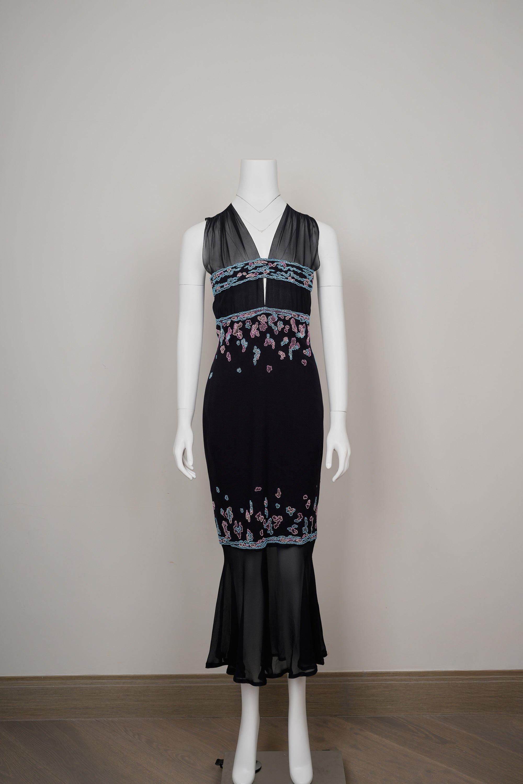 Chanel by Karl Lagerfeld Fall 1997–98 Black Chiffon & Wool Dress Beaded & Embroidered Bodice
