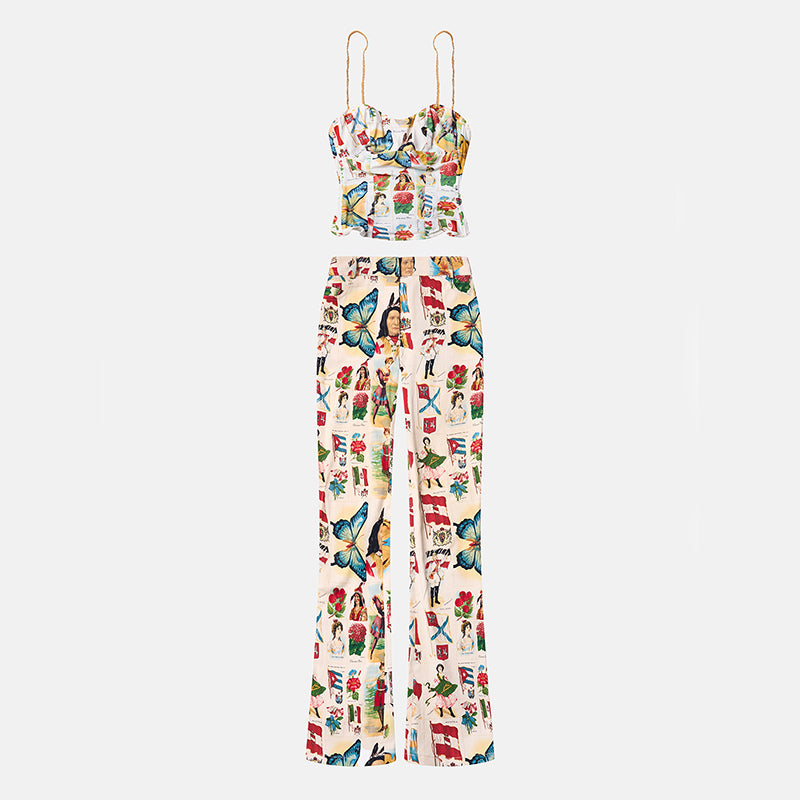 Preowned Christian Dior 2002 Stamp Print Bustier and Pants Set