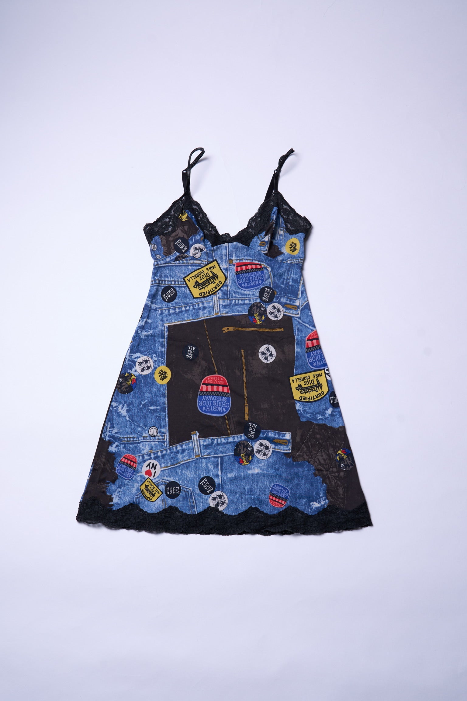 Preowned Christian Dior by John Galliano Fall 2001 Denim Print Nylon Slip Dress, Trompe L’oeil