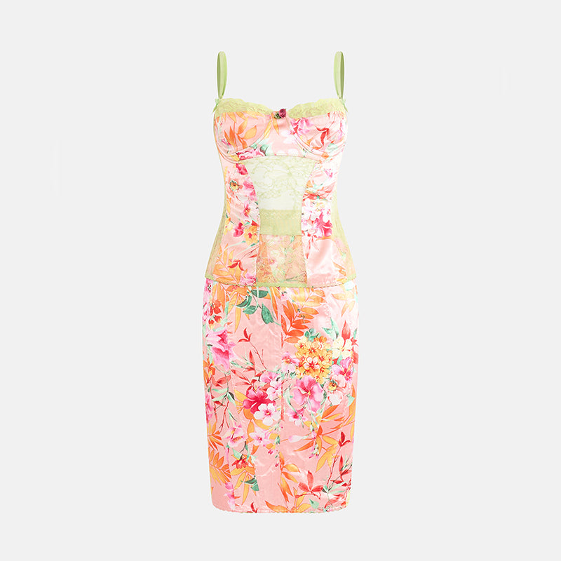 Preowned Dolce & Gabbana 2000s Pink Floral Skirt and Top Set