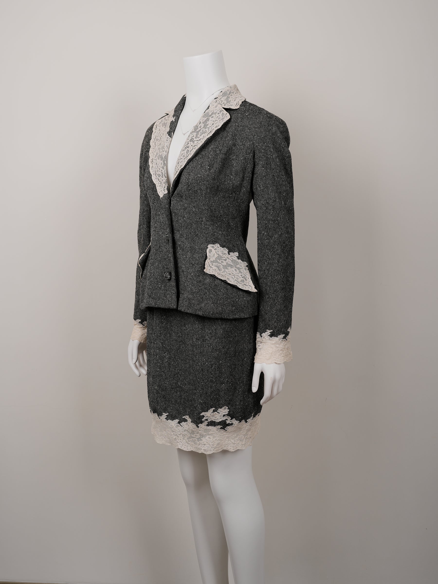 Christian Dior by John Galliano Fall/Winter 1998 Grey Wool Tweed Skirt Suit with White Calais Lace