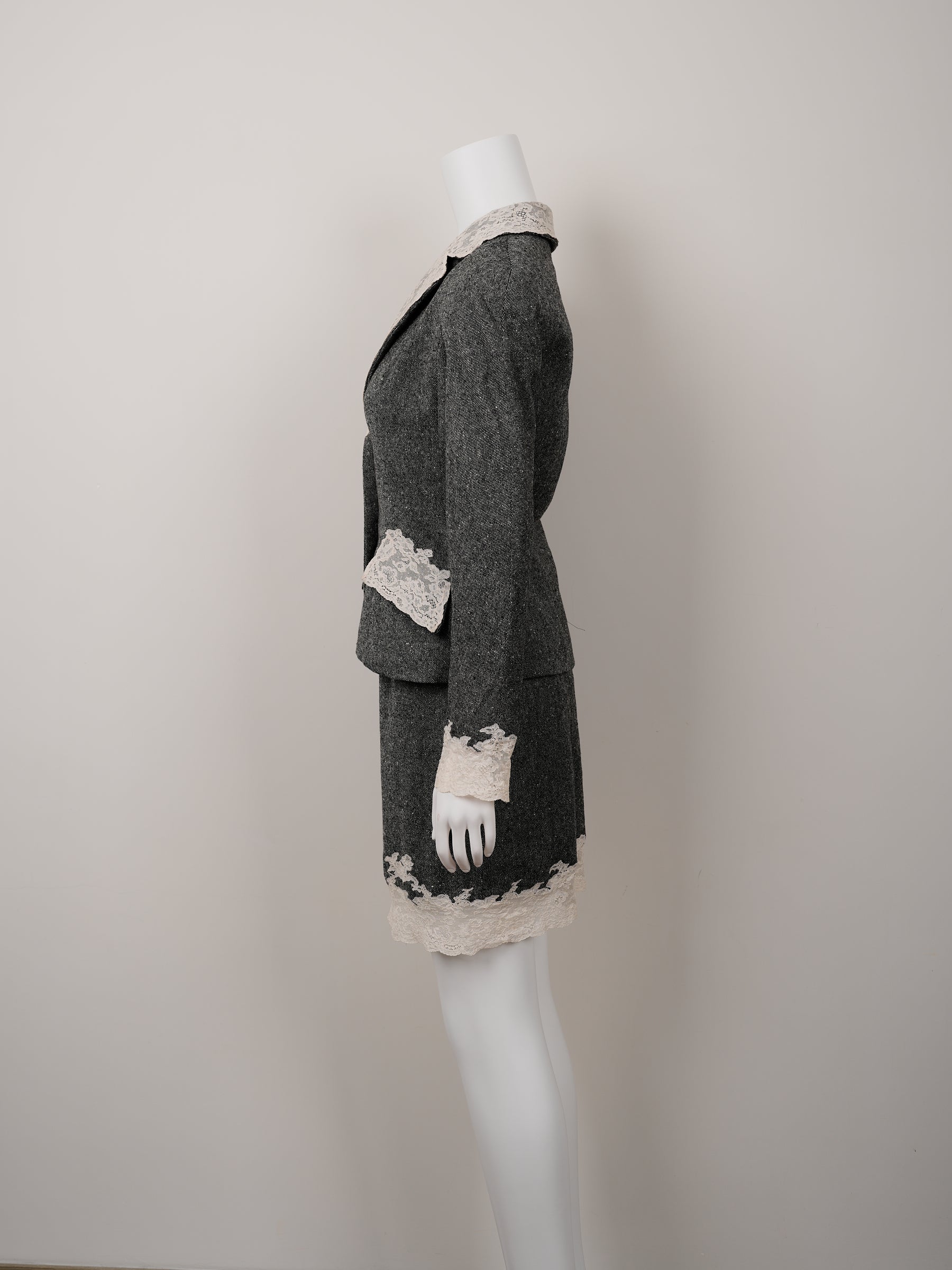 Christian Dior by John Galliano Fall/Winter 1998 Grey Wool Tweed Skirt Suit with White Calais Lace