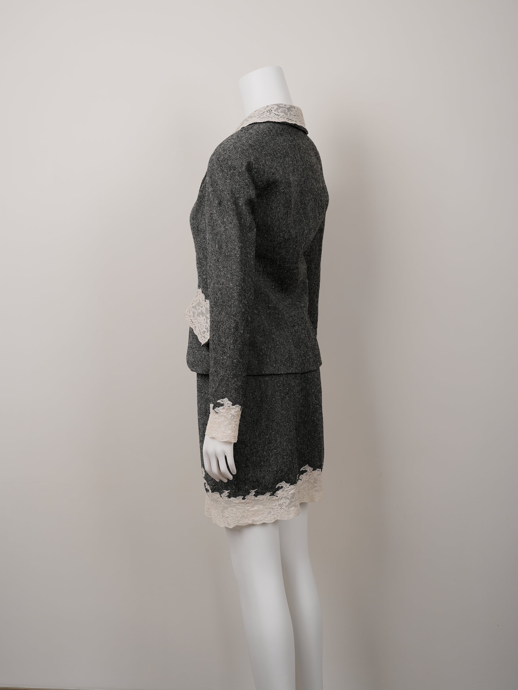 Christian Dior by John Galliano Fall/Winter 1998 Grey Wool Tweed Skirt Suit with White Calais Lace