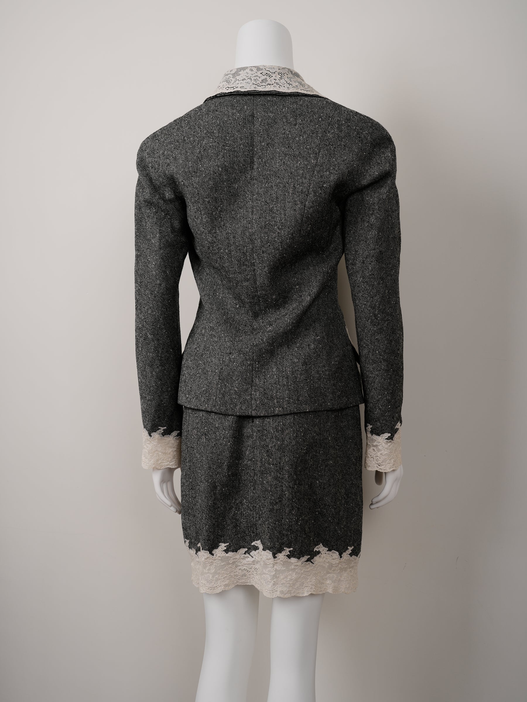Christian Dior by John Galliano Fall/Winter 1998 Grey Wool Tweed Skirt Suit with White Calais Lace