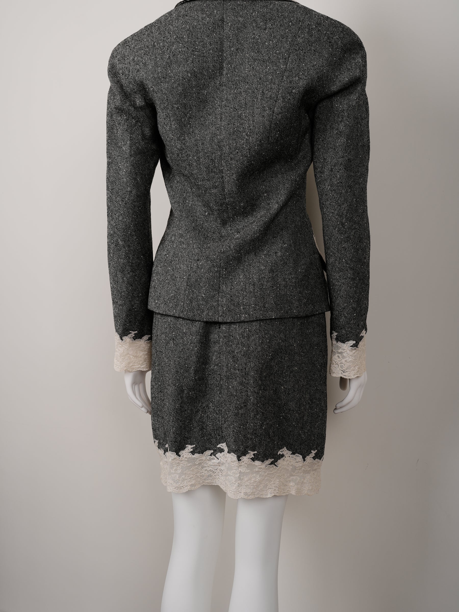 Christian Dior by John Galliano Fall/Winter 1998 Grey Wool Tweed Skirt Suit with White Calais Lace