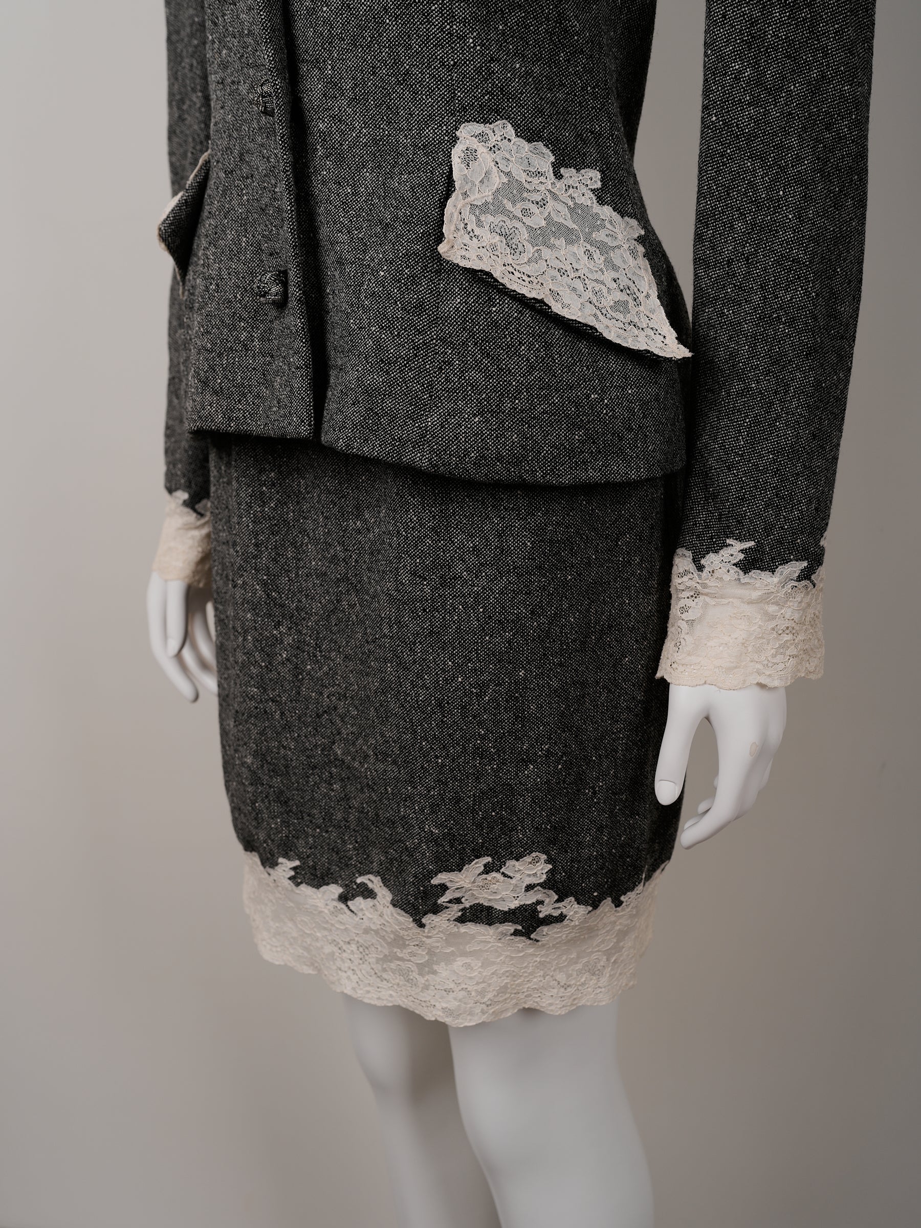 Christian Dior by John Galliano Fall/Winter 1998 Grey Wool Tweed Skirt Suit with White Calais Lace