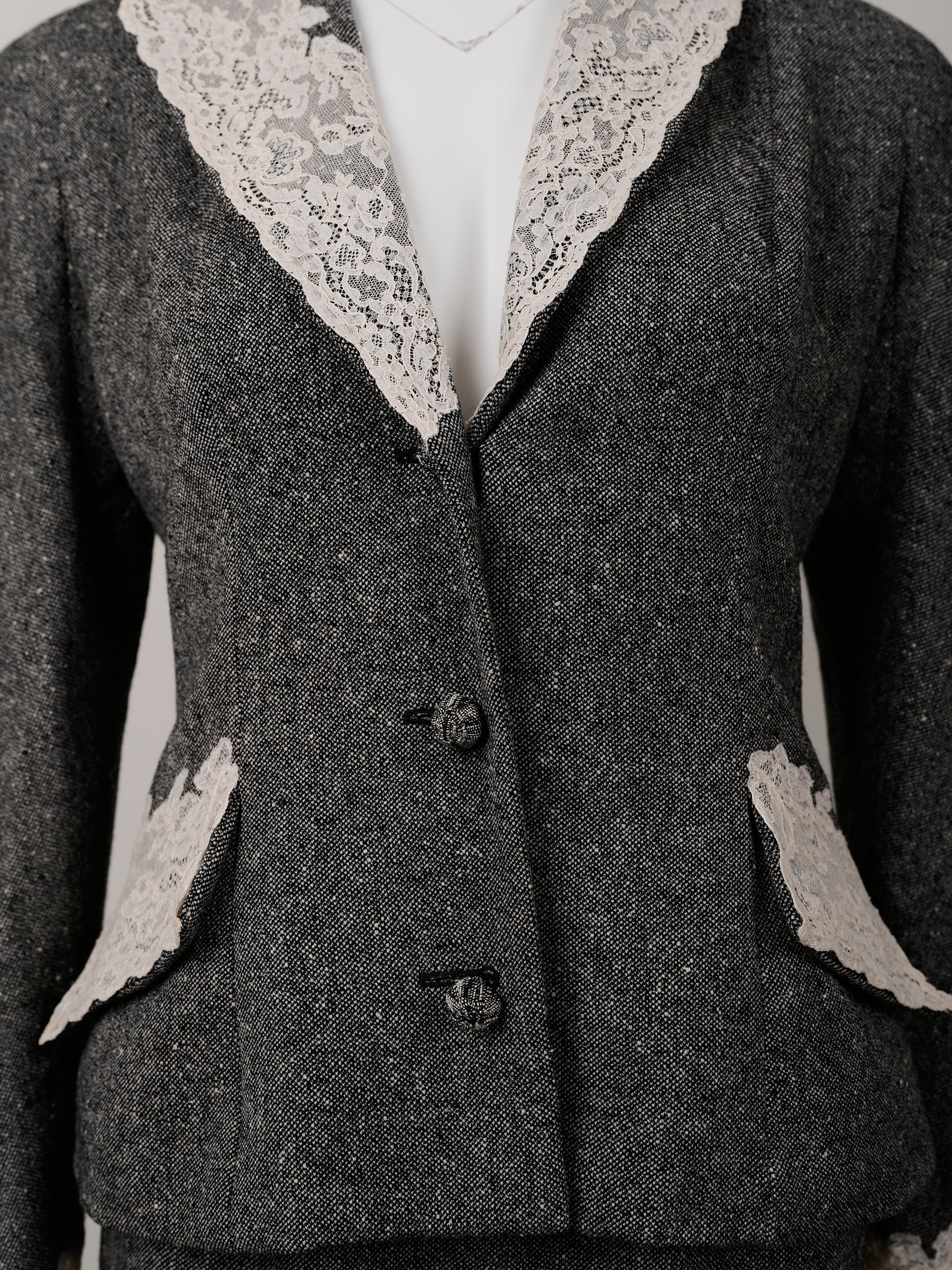 Christian Dior by John Galliano Fall/Winter 1998 Grey Wool Tweed Skirt Suit with White Calais Lace