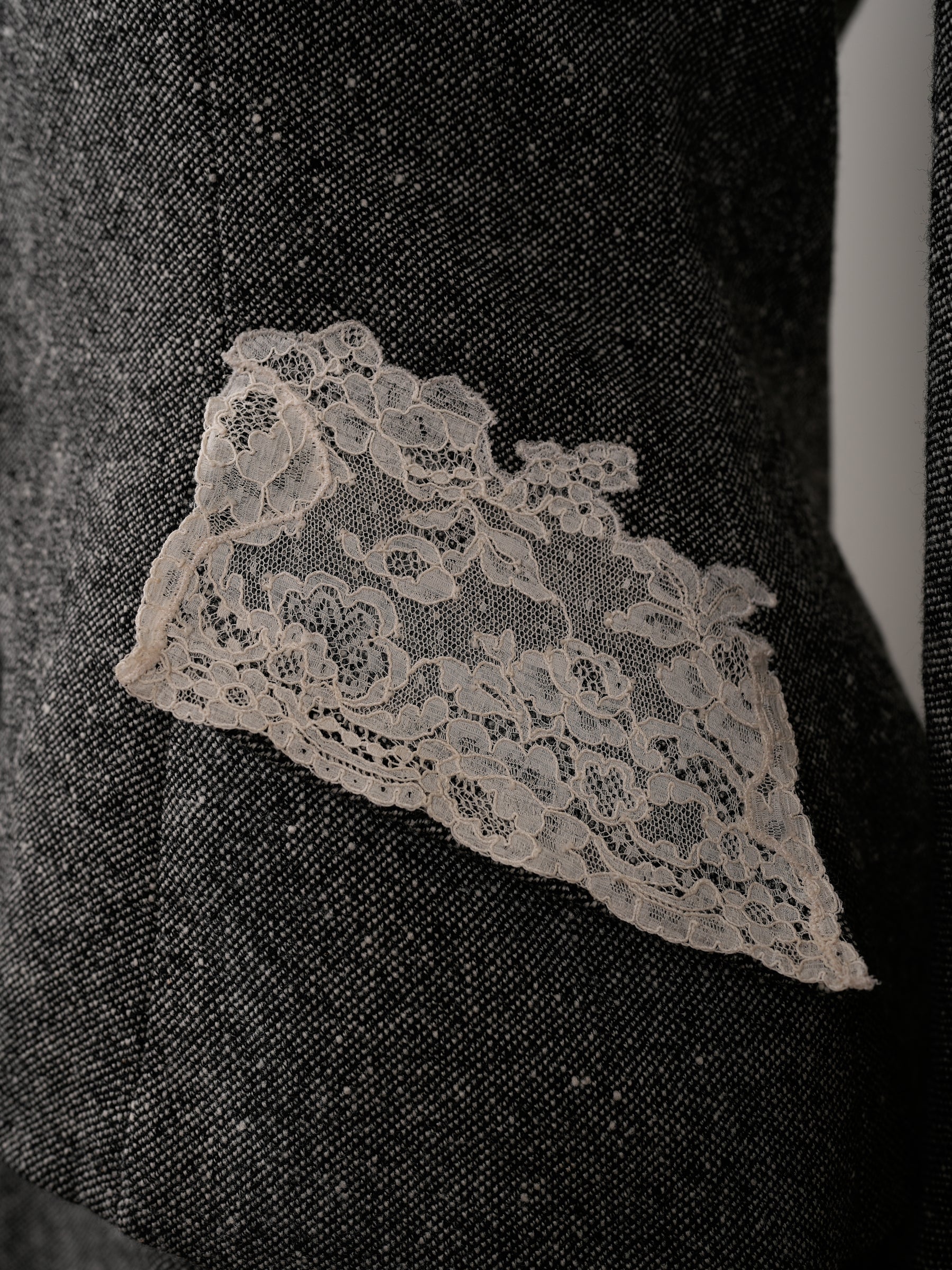 Christian Dior by John Galliano Fall/Winter 1998 Grey Wool Tweed Skirt Suit with White Calais Lace