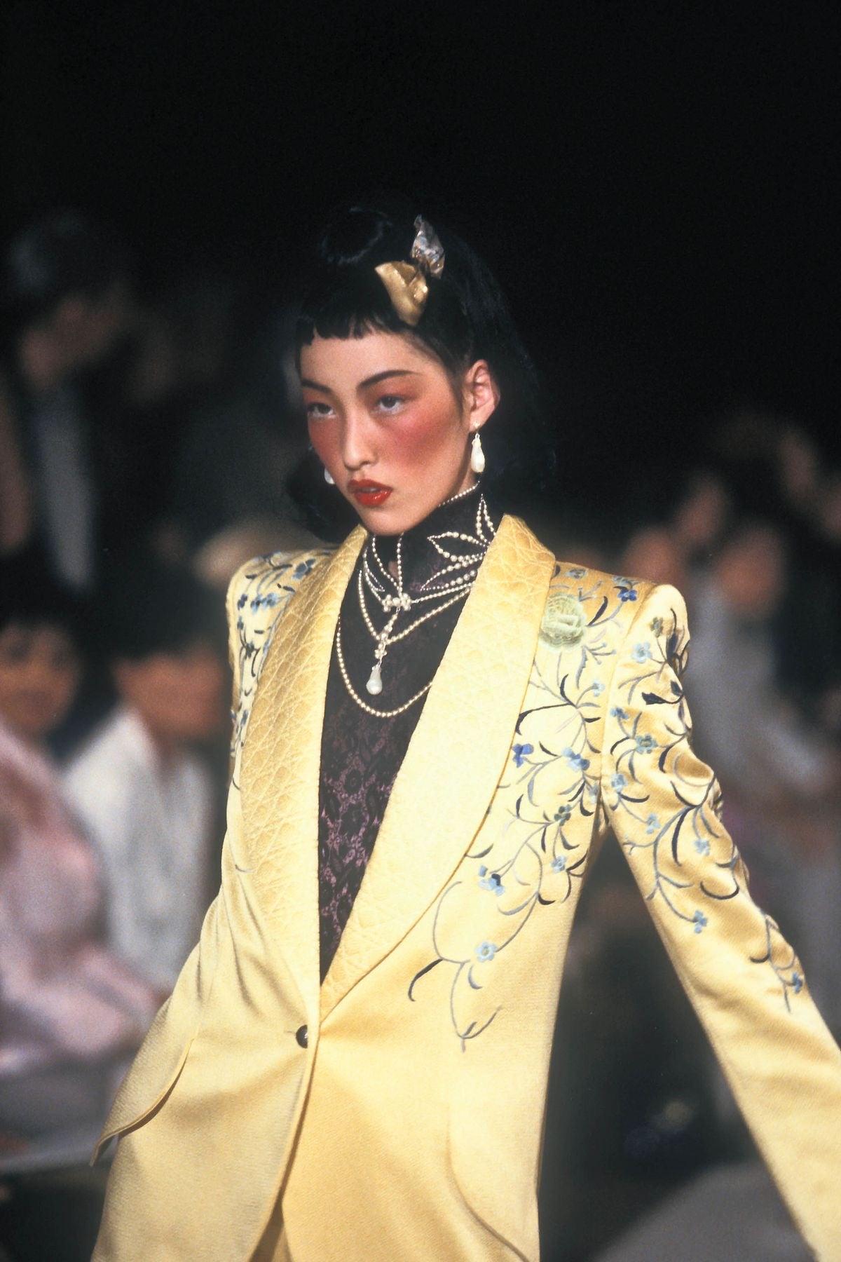 Christian Dior by John Galliano Fall 1997 Pearl Mandarin Collar Bodysuit and Lurex Glitter Skirt Set