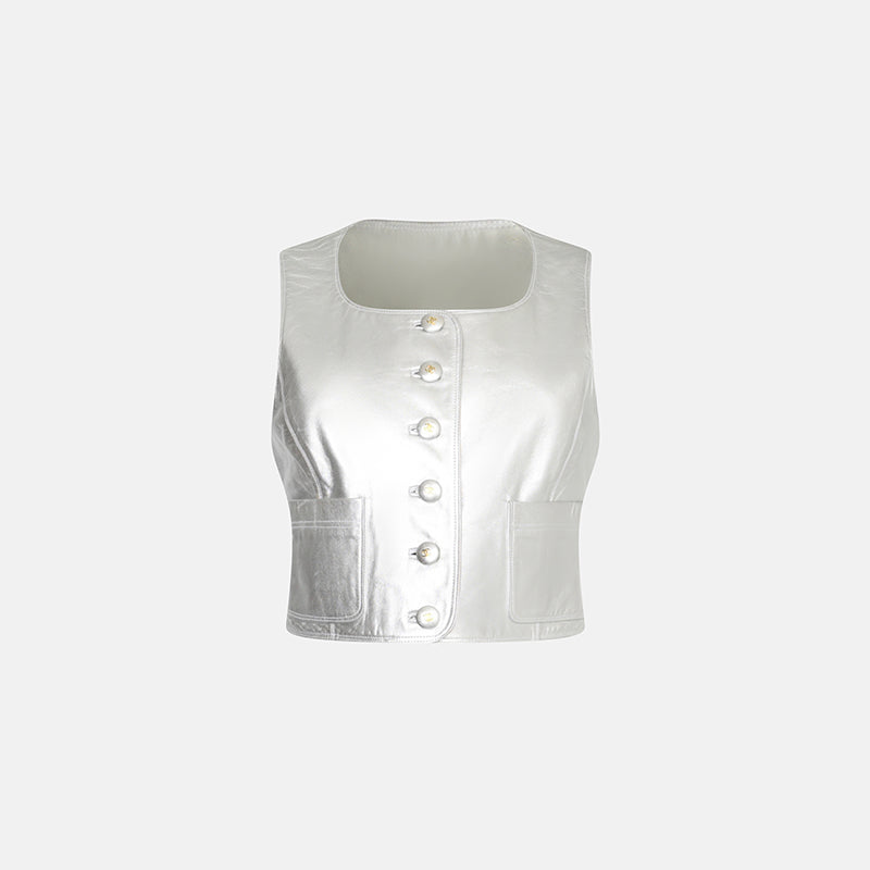 Vintage Chanel Fall 1994 Silver Lambskin Leather Vest