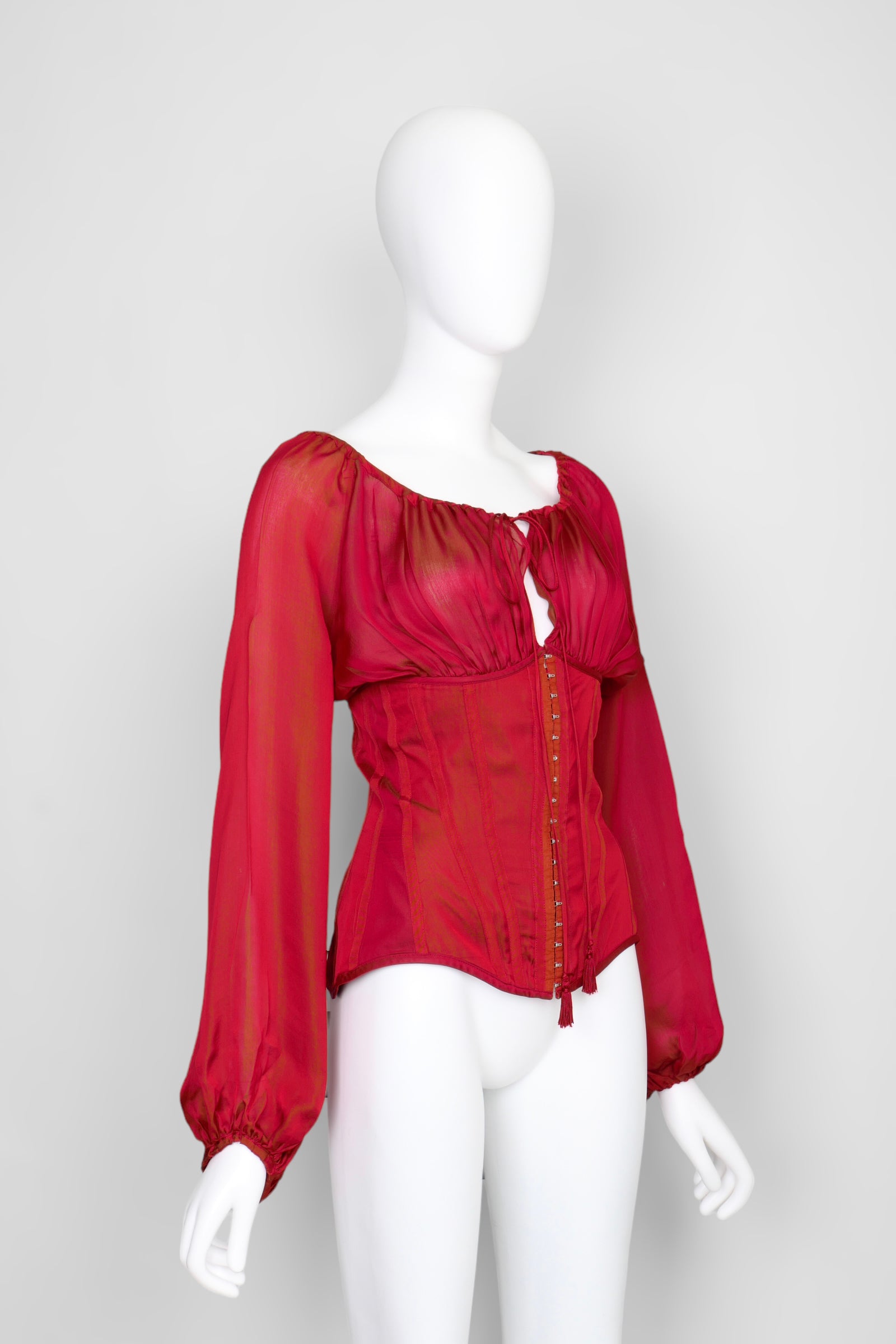 Preowned Jean Paul Gaultier Spring 2008 Red Silk Corset with Long Sleeves - Pulled