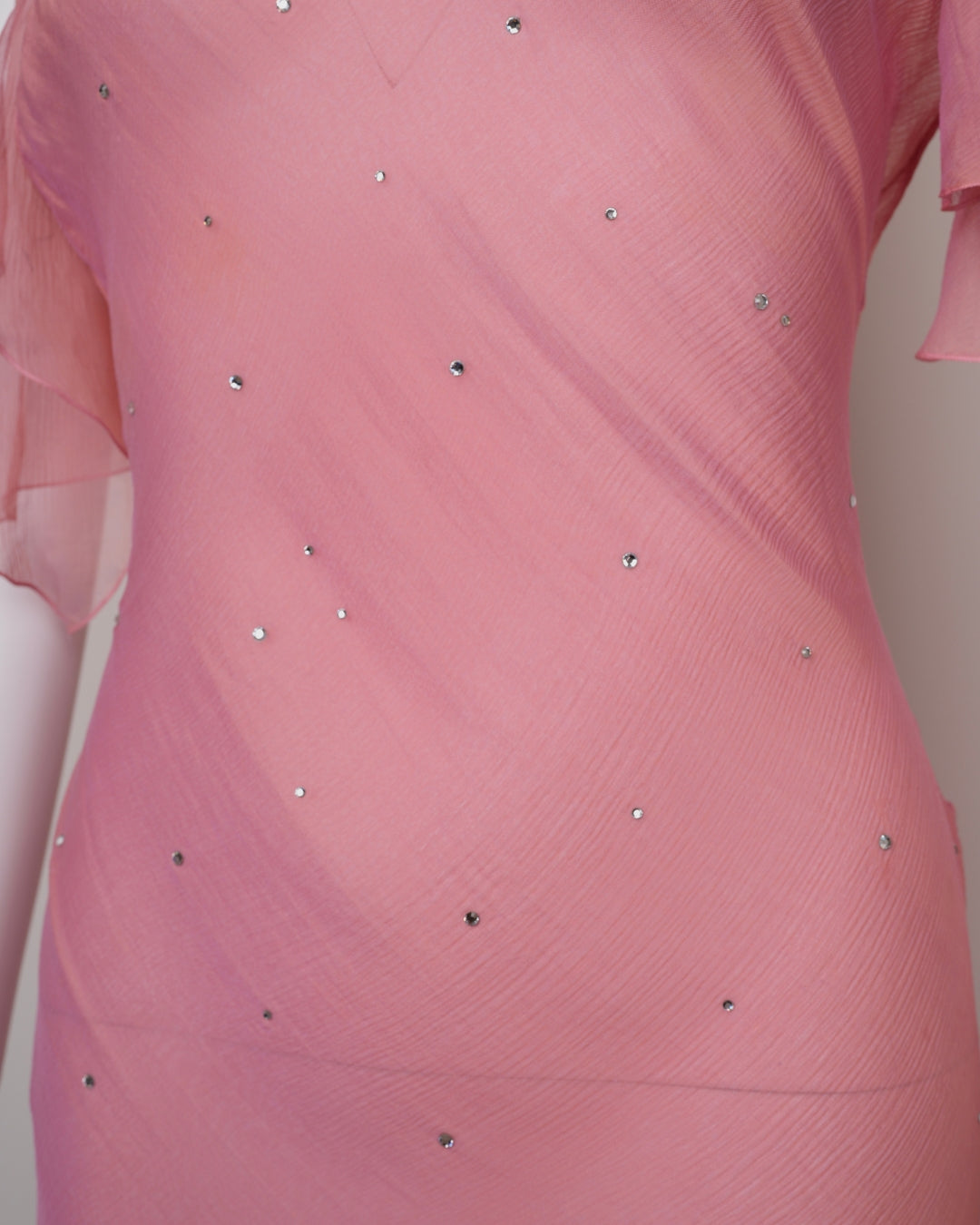 Preowned Christian Dior by John Galliano 2000s Pink & Gold Chiffon Evening Dress Rhinestone Straps & Cowled Neckline