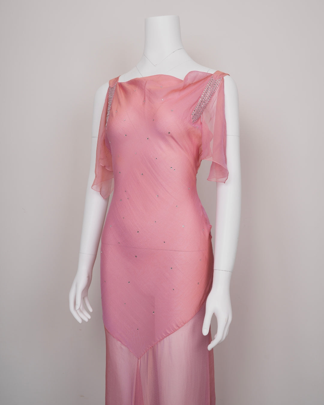 Preowned Christian Dior by John Galliano 2000s Pink & Gold Chiffon Evening Dress Rhinestone Straps & Cowled Neckline