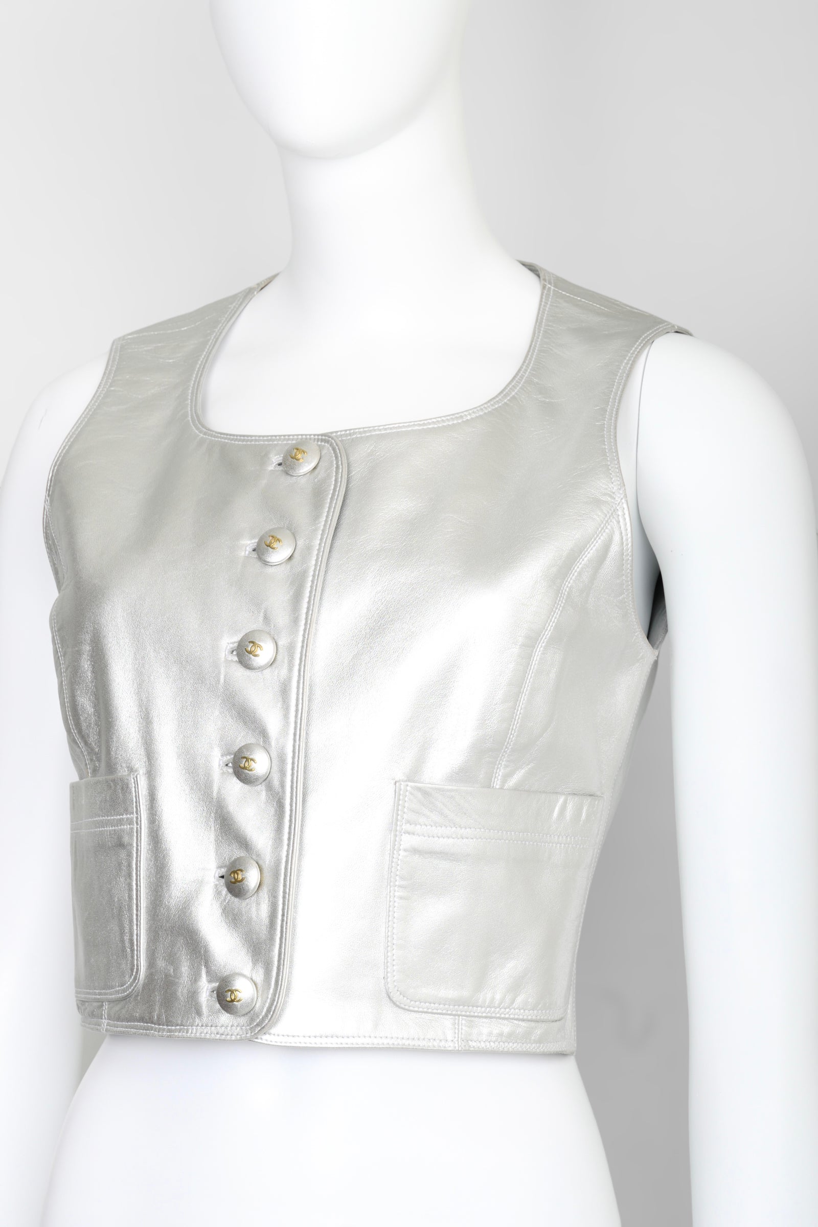 Vintage Chanel Fall 1994 Silver Lambskin Leather Vest