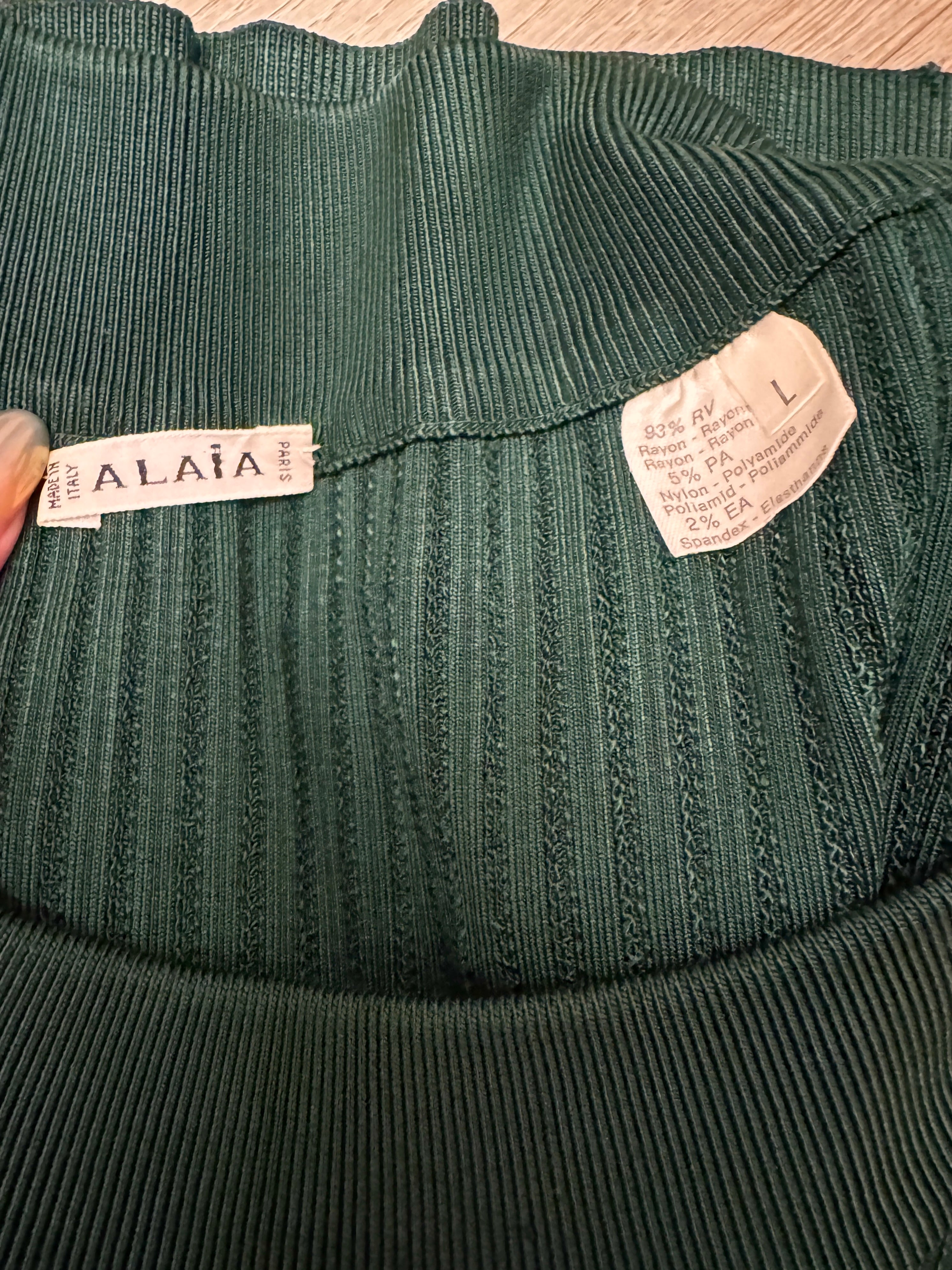 Vintage Alaïa Fall 1990 Forest Green Ribbed Knit Scoop-Neck Dress