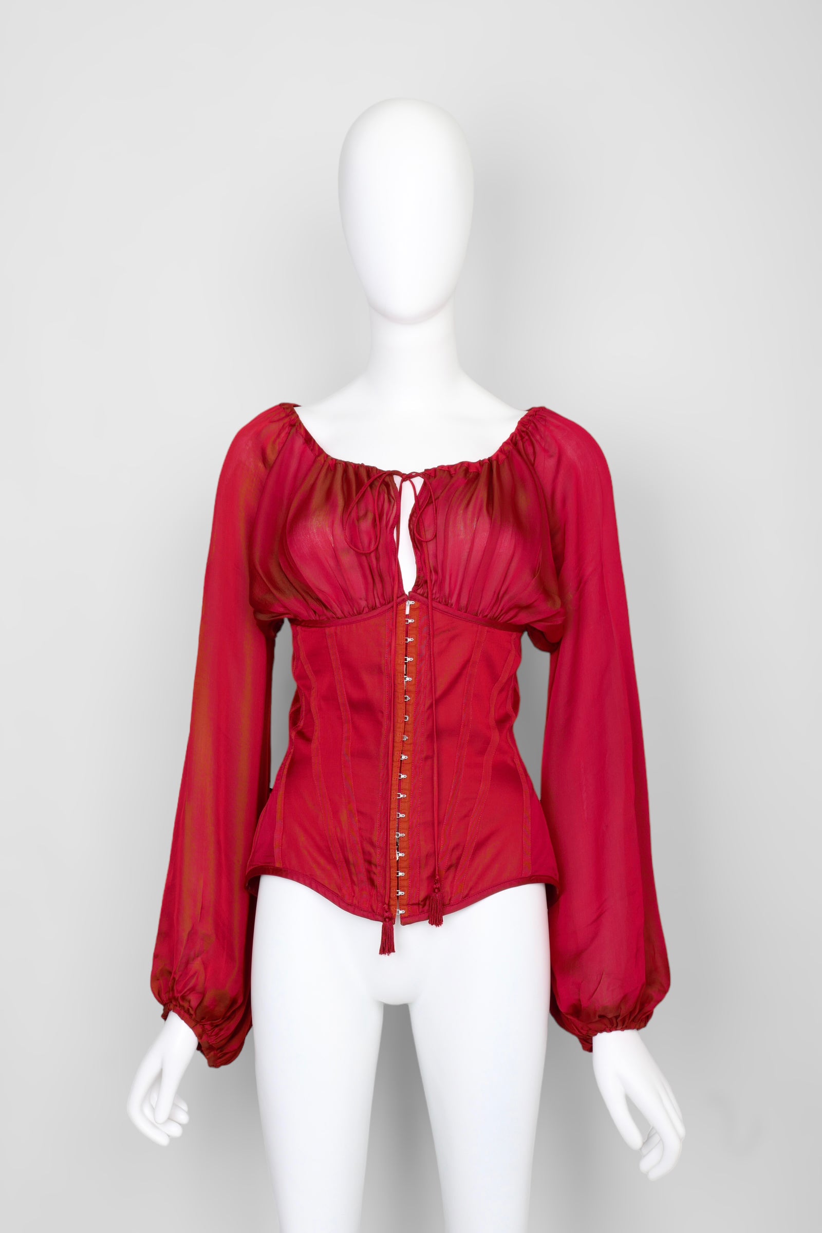 Preowned Jean Paul Gaultier Spring 2008 Red Silk Corset with Long Sleeves - Pulled