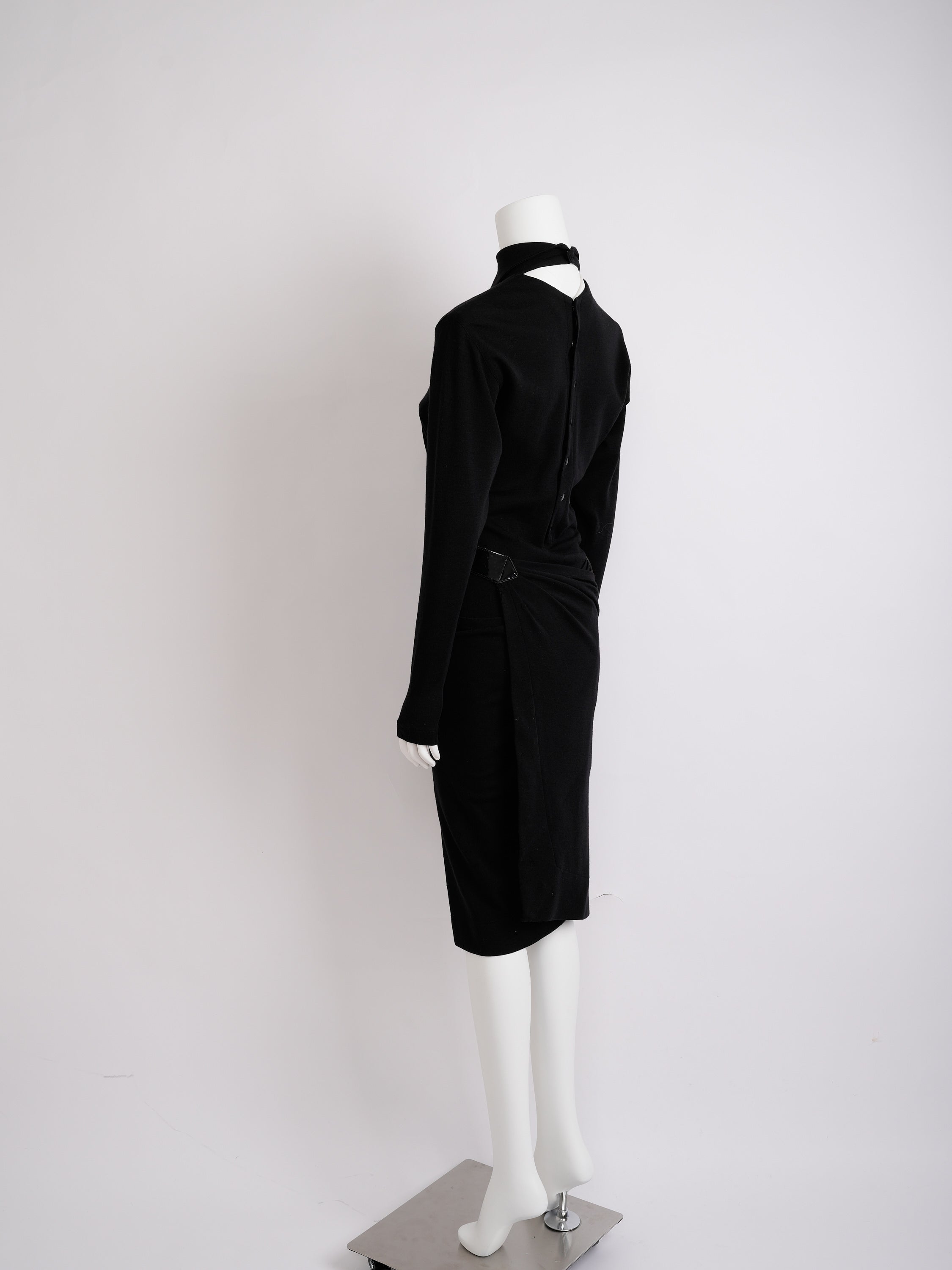 Vintage Alaïa 1985 Black Wool Dress with Vinyl Belt Distressed Condition