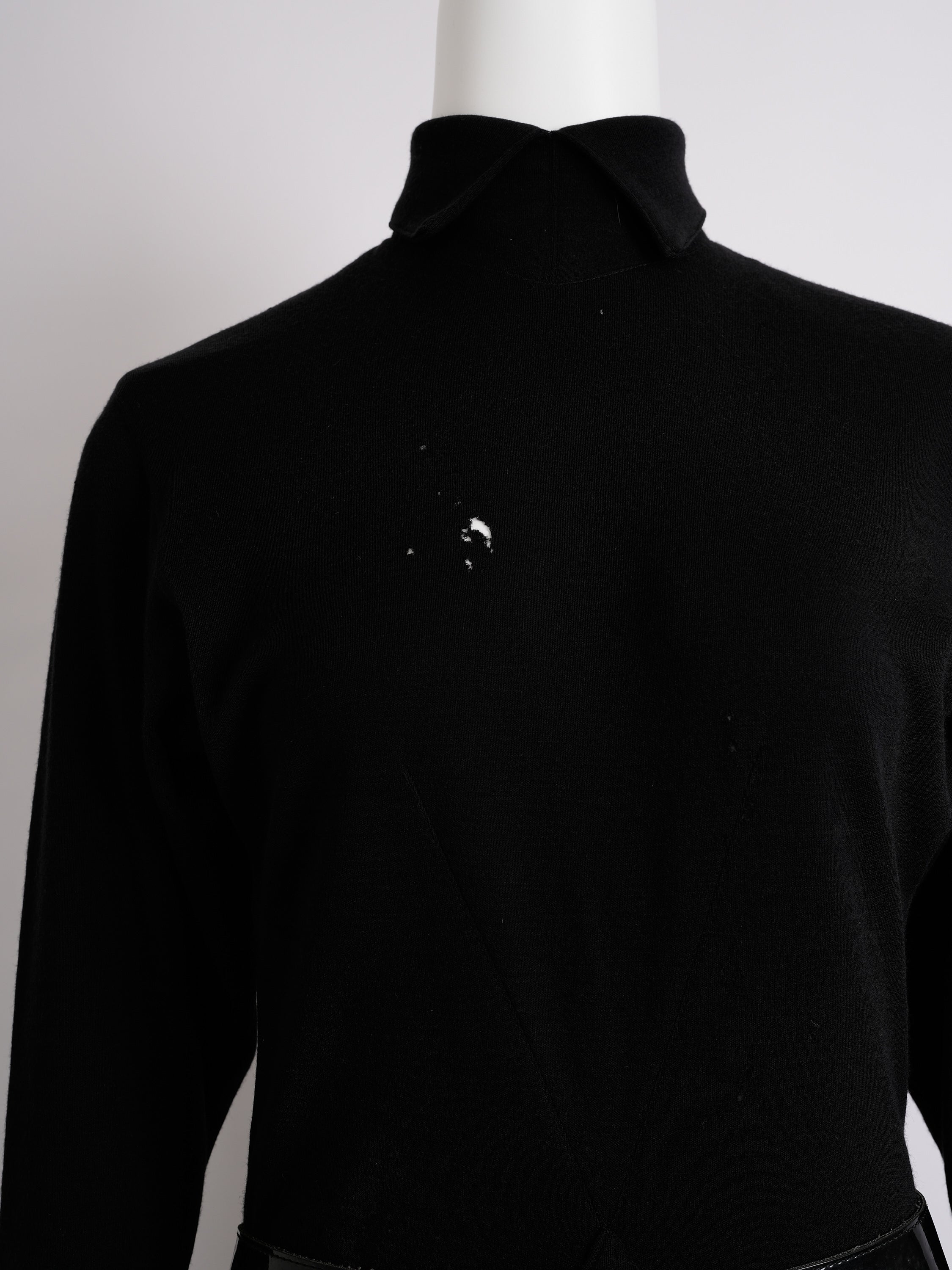 Vintage Alaïa 1985 Black Wool Dress with Vinyl Belt Distressed Condition