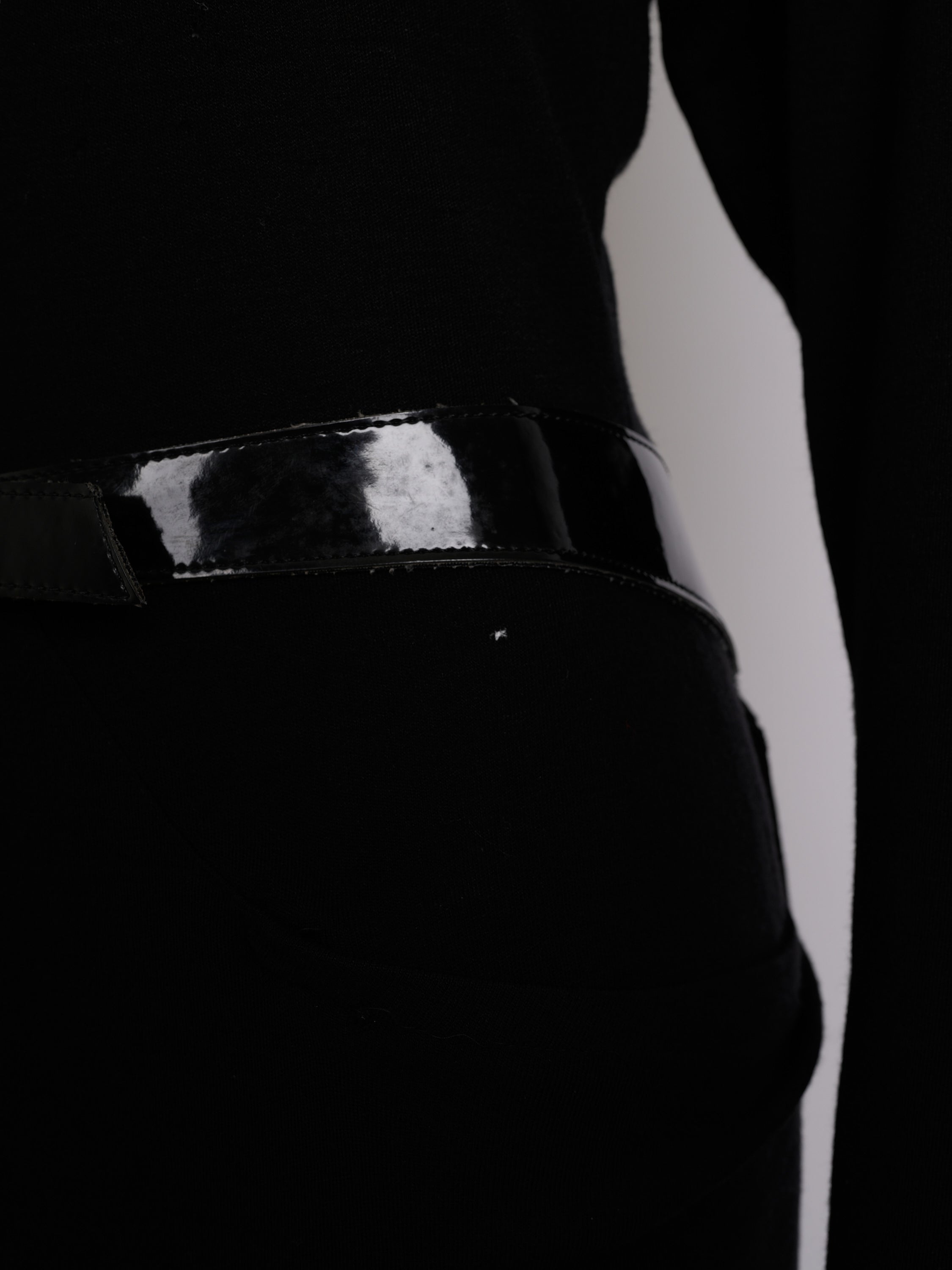 Vintage Alaïa 1985 Black Wool Dress with Vinyl Belt Distressed Condition