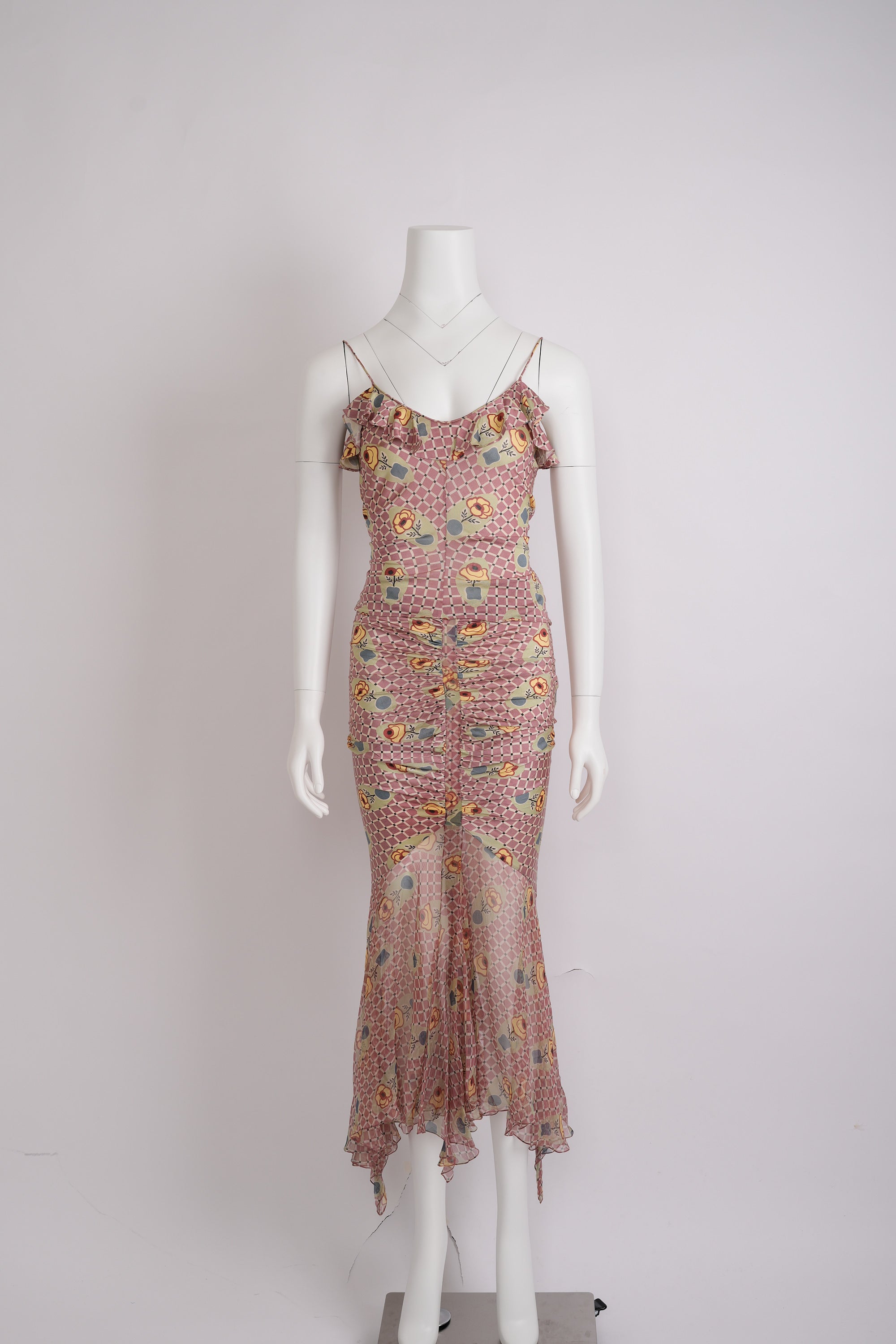 Preowned John Galliano Spring 2004 Pink and Ecru Check Jersey Ensemble with Floral Motif