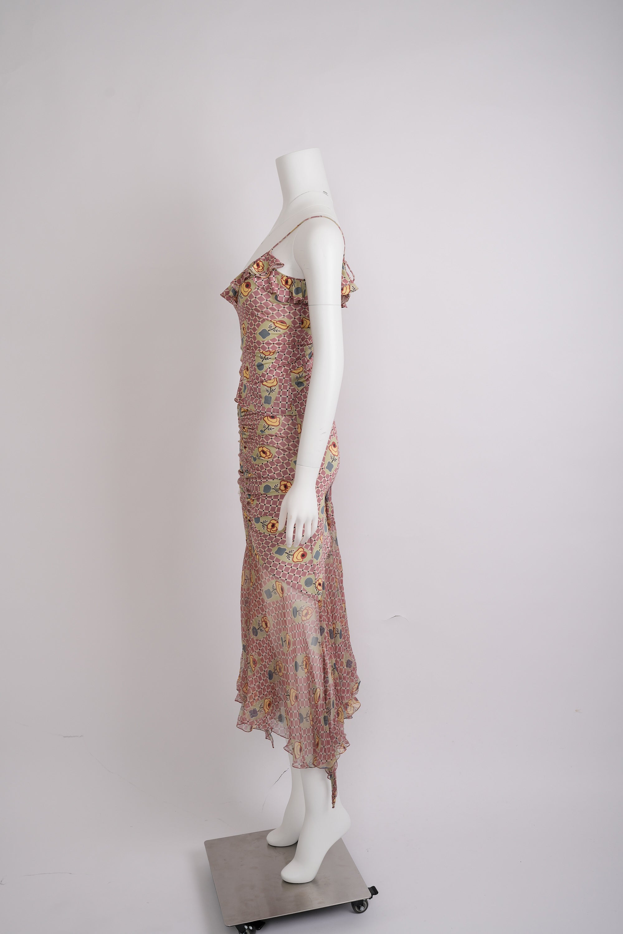 Preowned John Galliano Spring 2004 Pink and Ecru Check Jersey Ensemble with Floral Motif