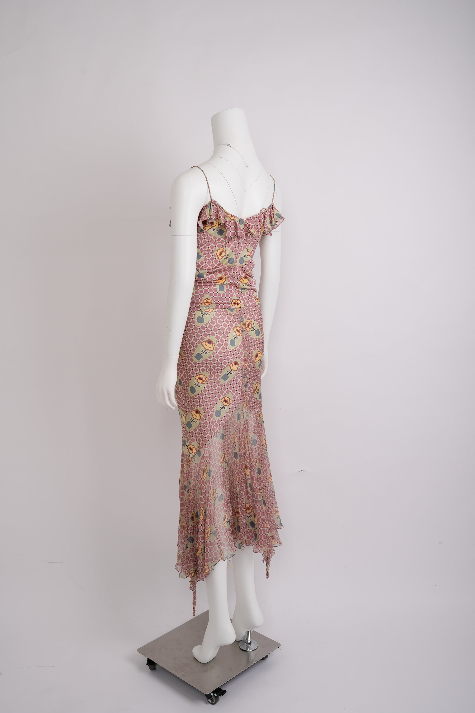 Preowned John Galliano Spring 2004 Pink and Ecru Check Jersey Ensemble with Floral Motif
