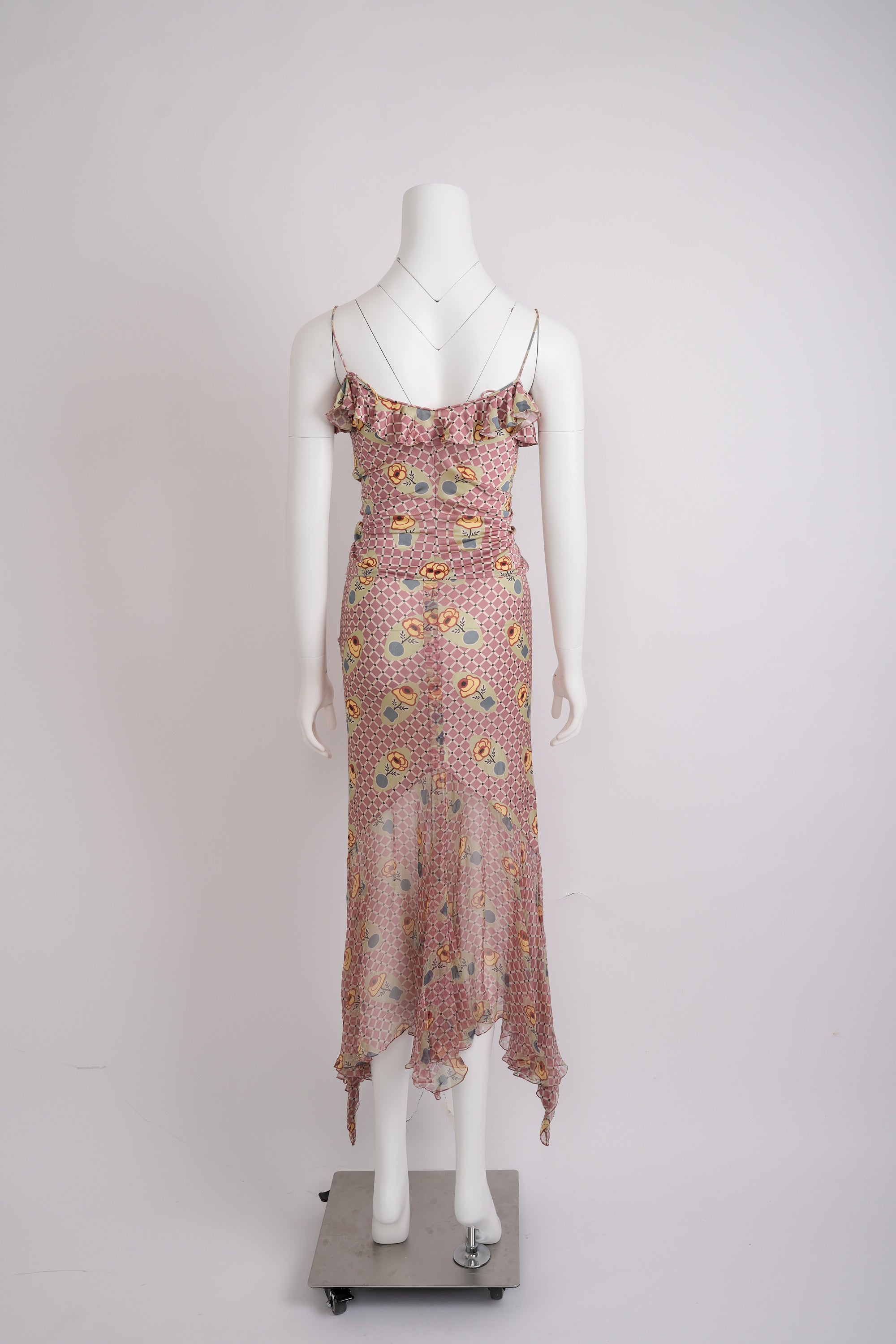 Preowned John Galliano Spring 2004 Pink and Ecru Check Jersey Ensemble with Floral Motif