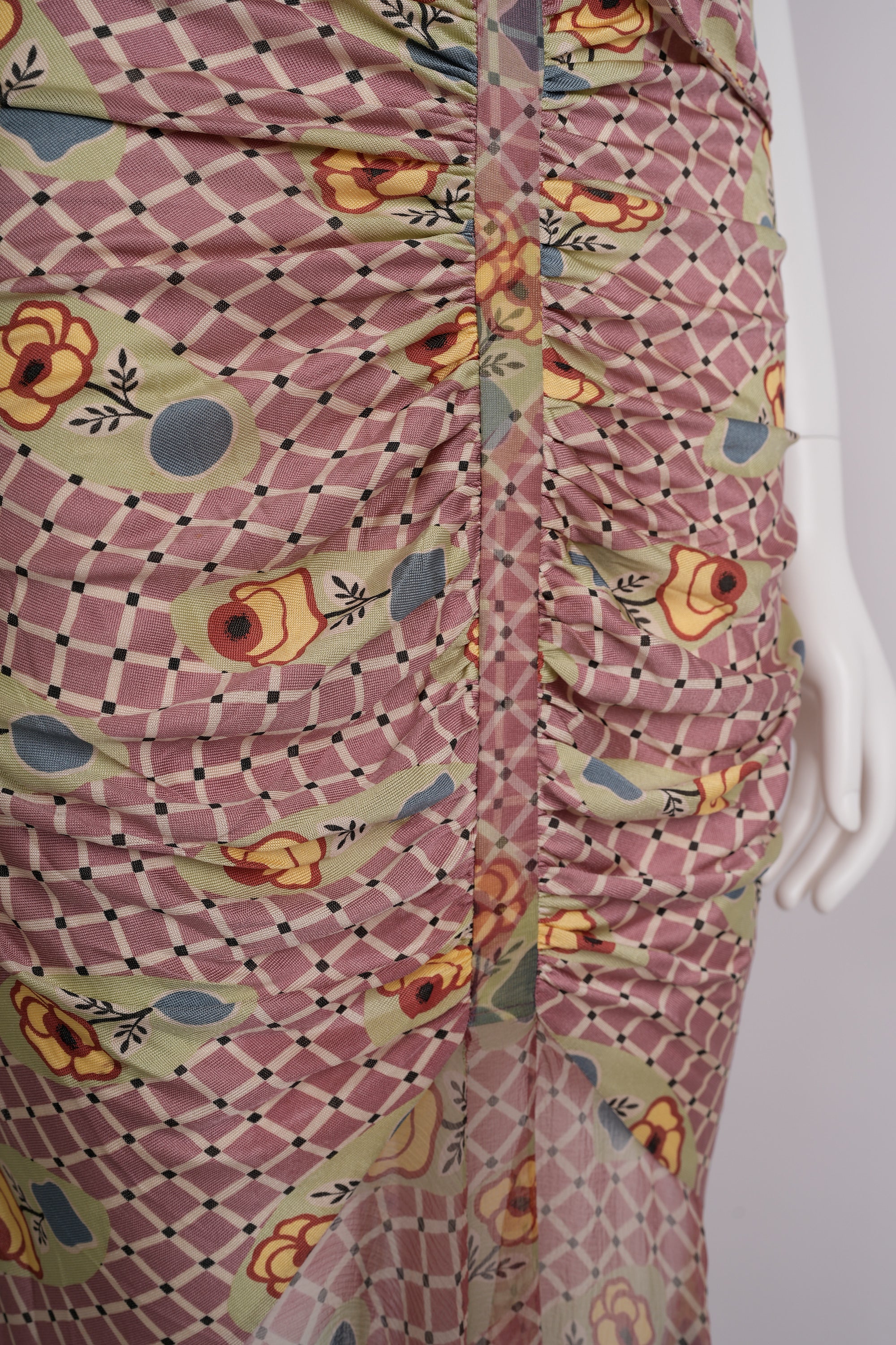 Preowned John Galliano Spring 2004 Pink and Ecru Check Jersey Ensemble with Floral Motif