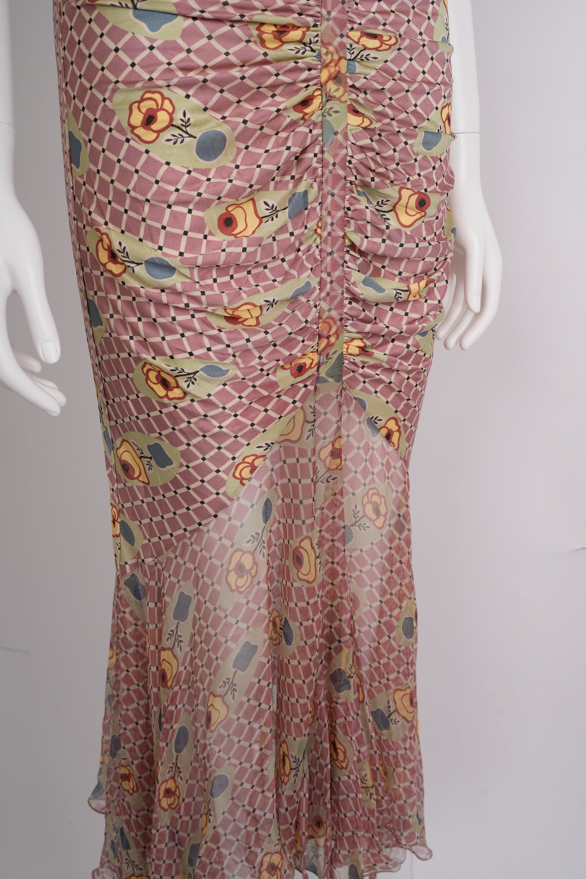 Preowned John Galliano Spring 2004 Pink and Ecru Check Jersey Ensemble with Floral Motif