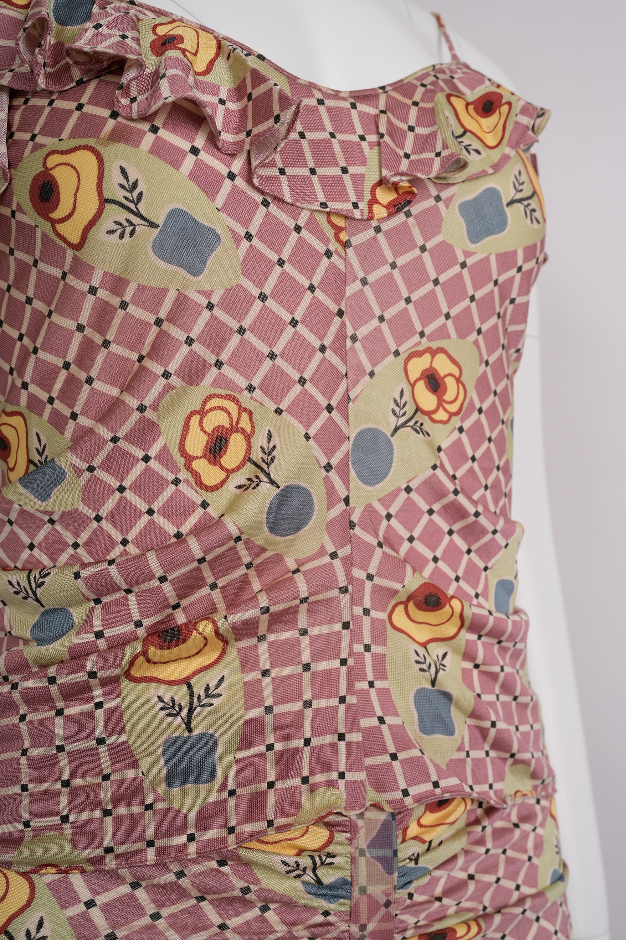 Preowned John Galliano Spring 2004 Pink and Ecru Check Jersey Ensemble with Floral Motif