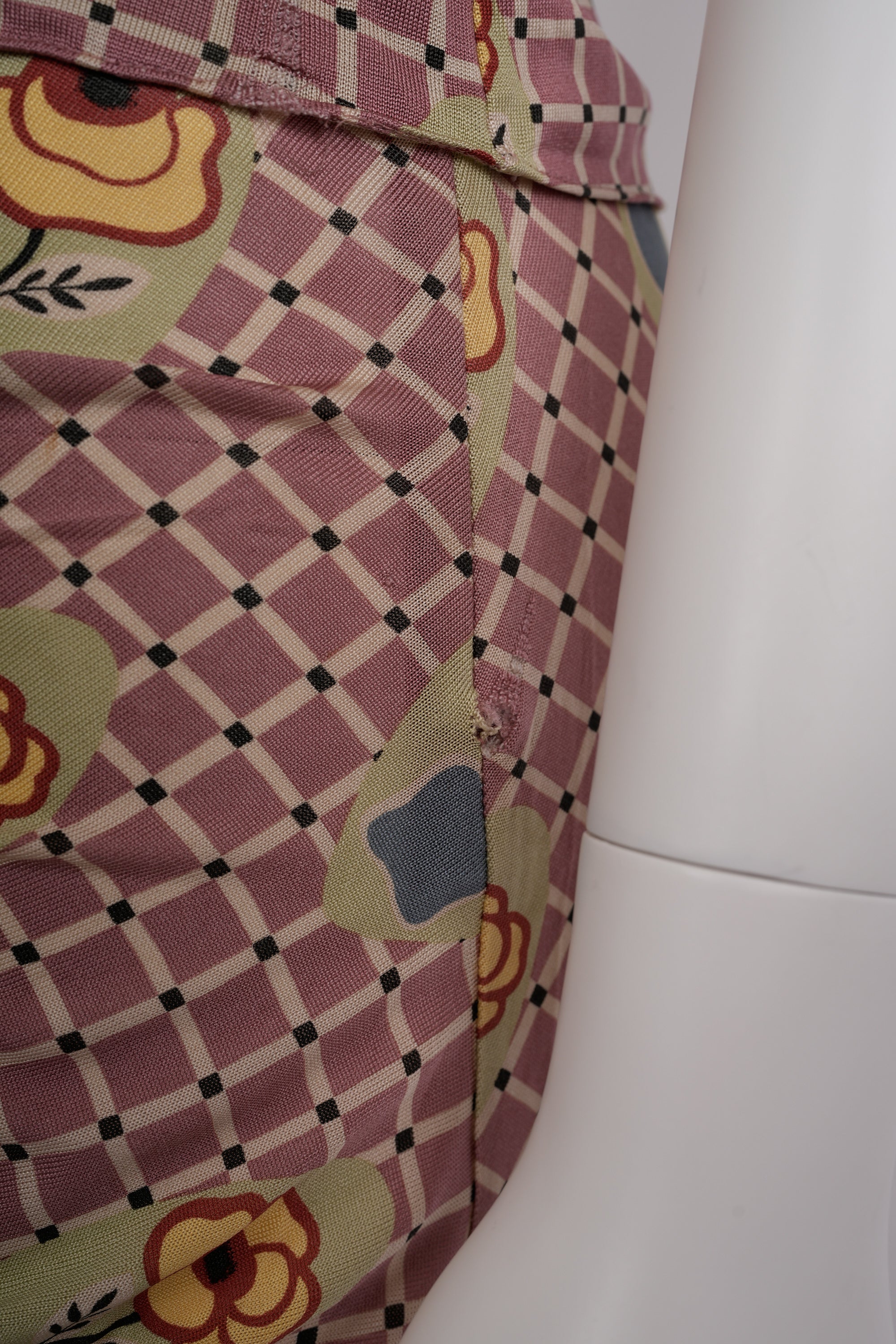 Preowned John Galliano Spring 2004 Pink and Ecru Check Jersey Ensemble with Floral Motif