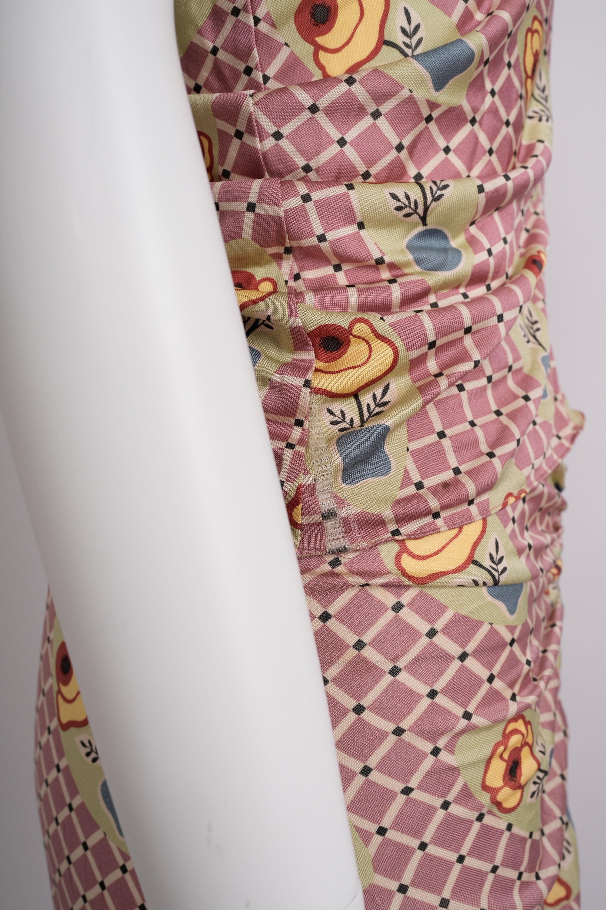 Preowned John Galliano Spring 2004 Pink and Ecru Check Jersey Ensemble with Floral Motif