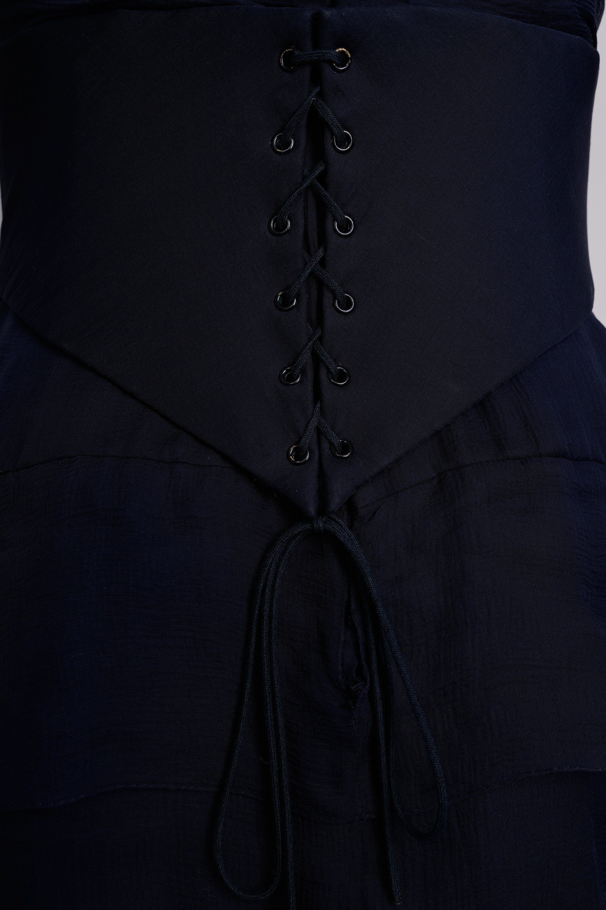 Vintage Chanel Haute Couture Spring 1994 Navy Blue Chiffon Dress with Integrated Corset and Brooch