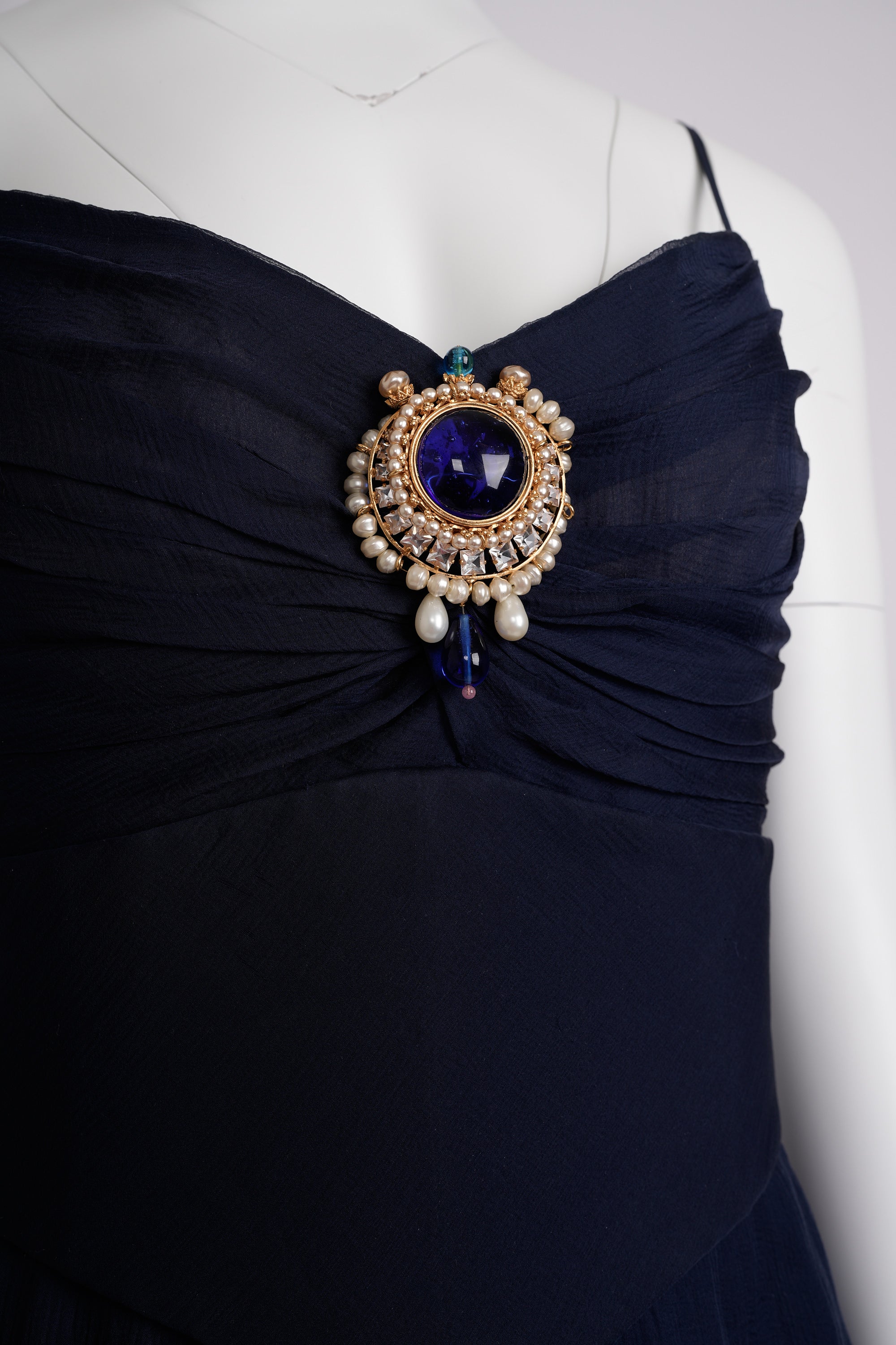 Vintage Chanel Haute Couture Spring 1994 Navy Blue Chiffon Dress with Integrated Corset and Brooch