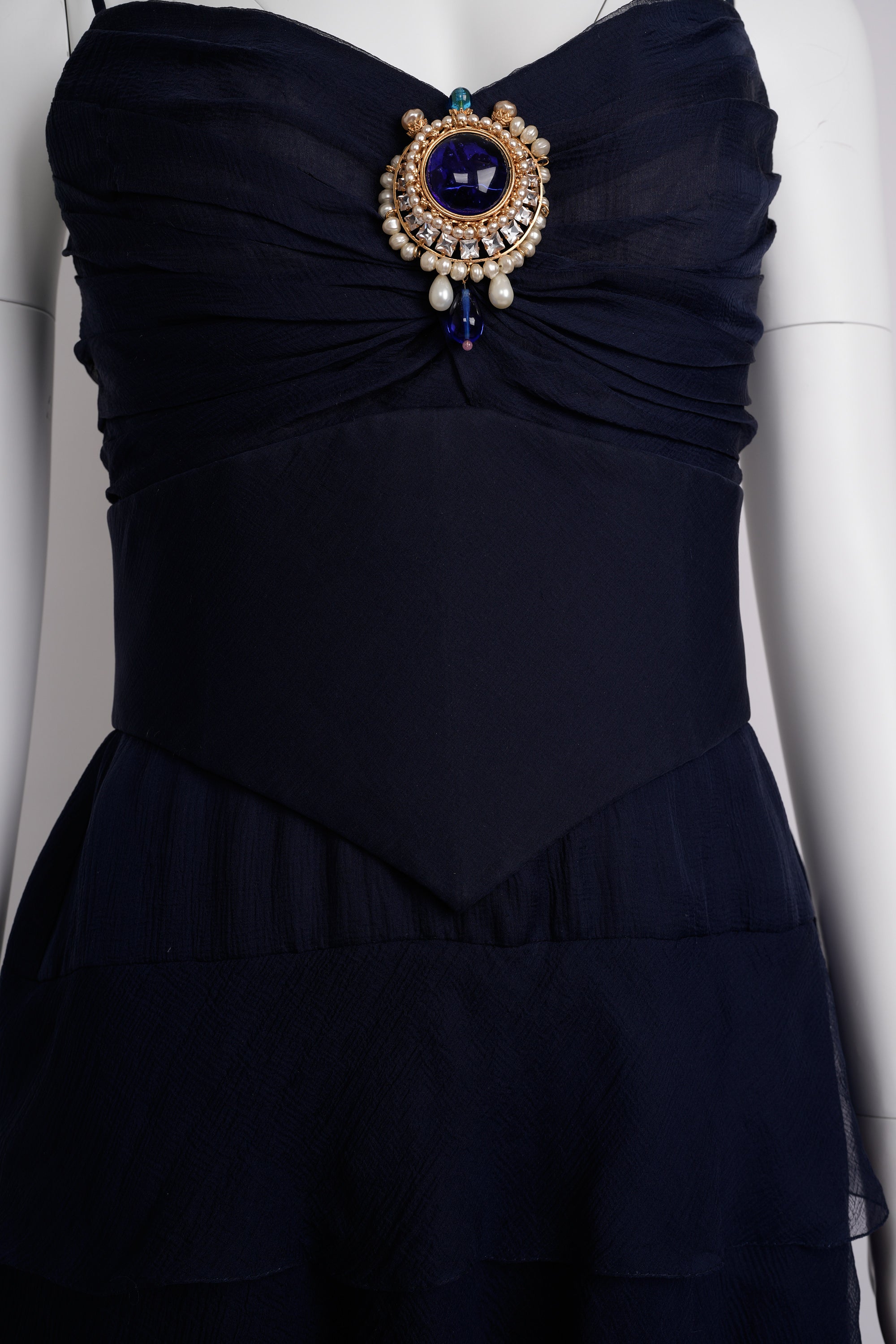 Vintage Chanel Haute Couture Spring 1994 Navy Blue Chiffon Dress with Integrated Corset and Brooch