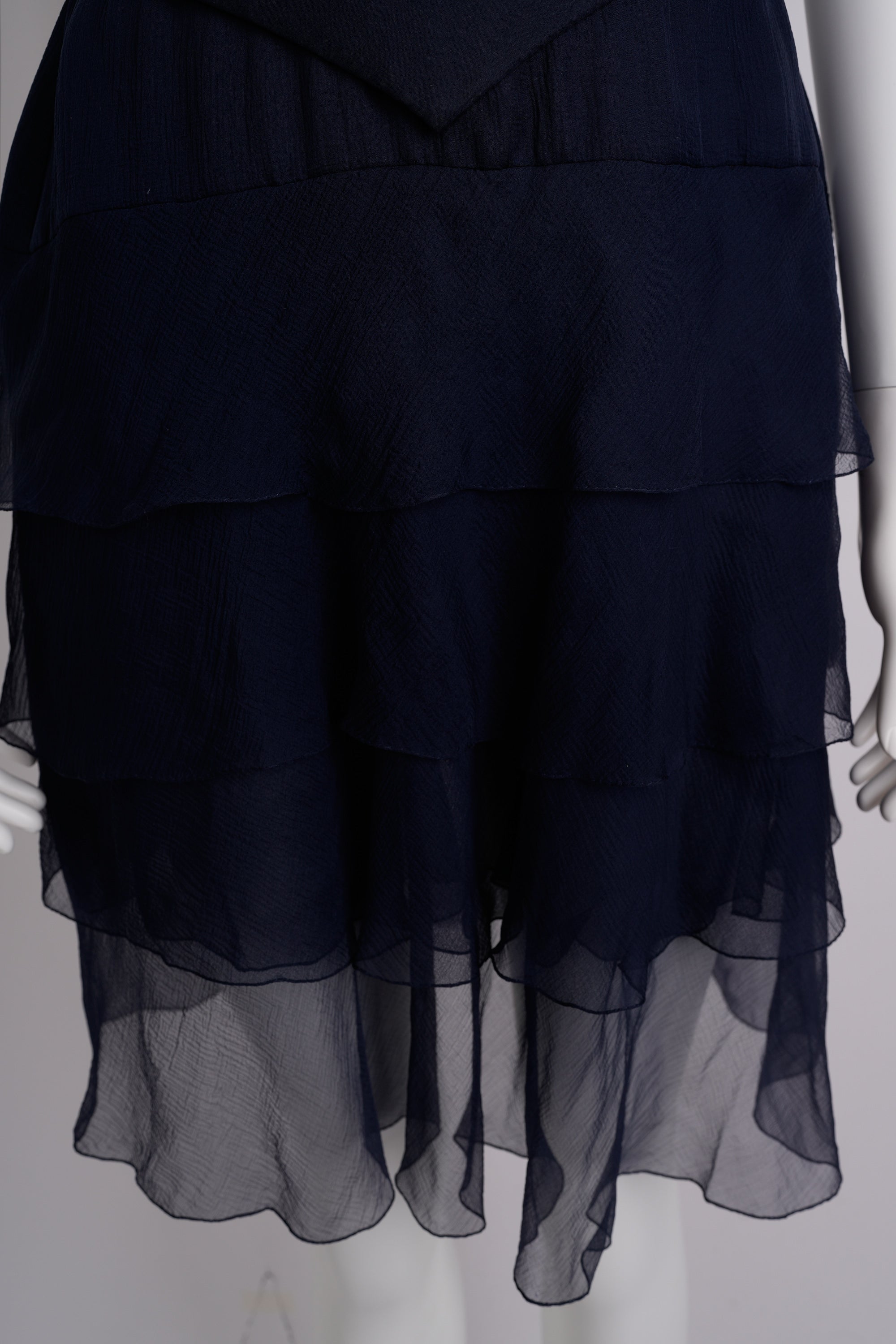 Vintage Chanel Haute Couture Spring 1994 Navy Blue Chiffon Dress with Integrated Corset and Brooch