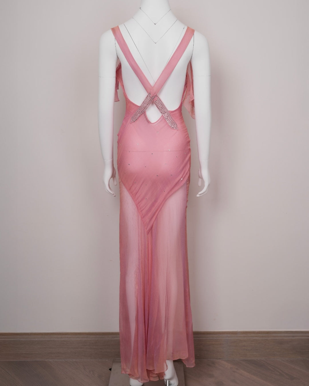 Preowned Christian Dior by John Galliano 2000s Pink & Gold Chiffon Evening Dress Rhinestone Straps & Cowled Neckline