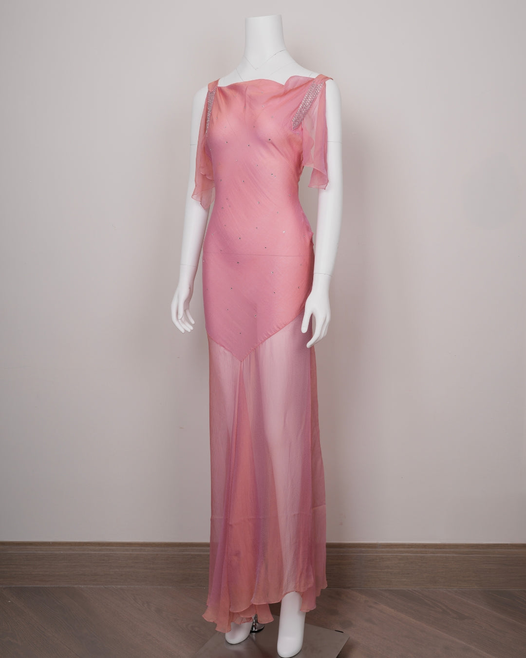 Preowned Christian Dior by John Galliano 2000s Pink & Gold Chiffon Evening Dress Rhinestone Straps & Cowled Neckline