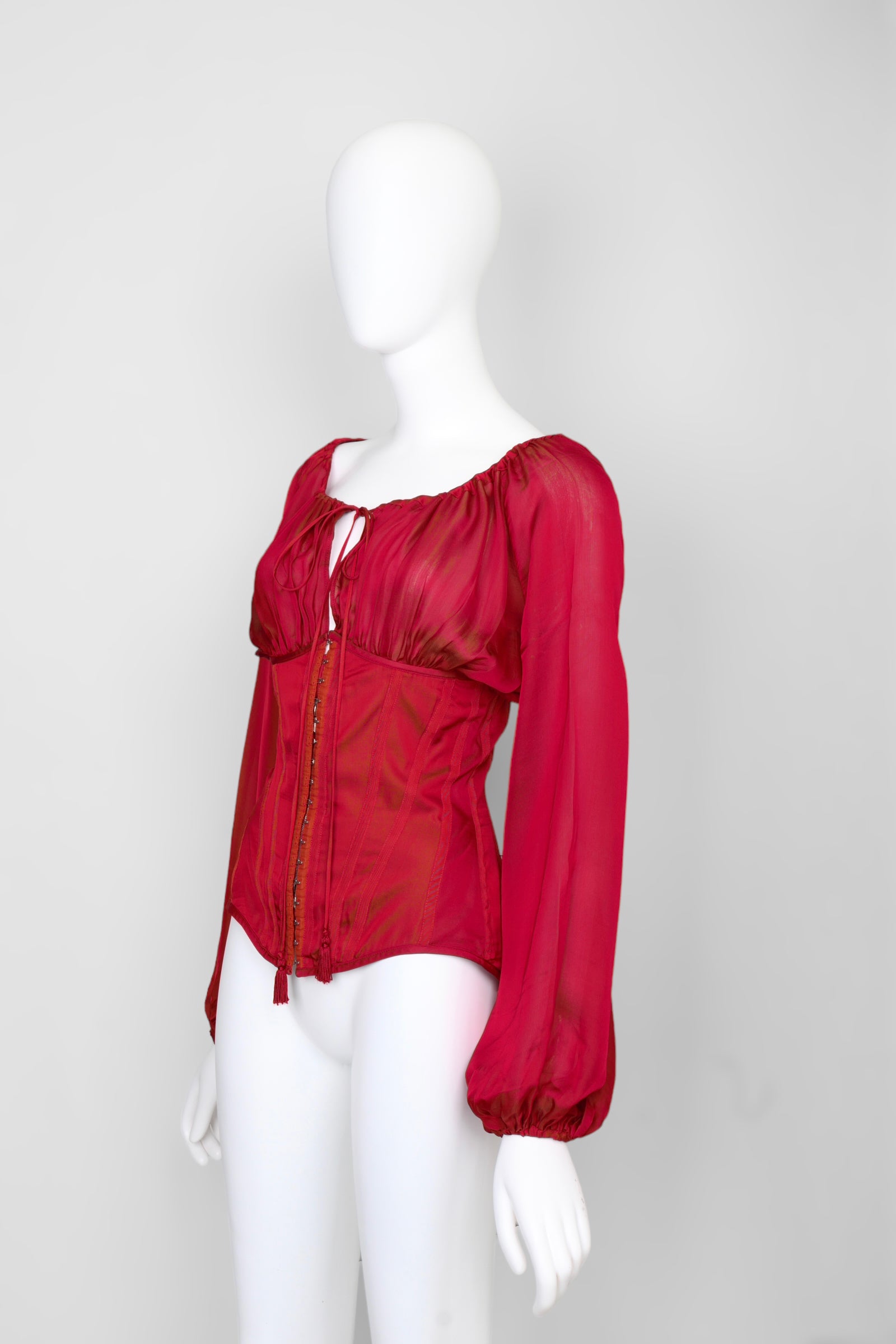 Preowned Jean Paul Gaultier Spring 2008 Red Silk Corset with Long Sleeves - Pulled