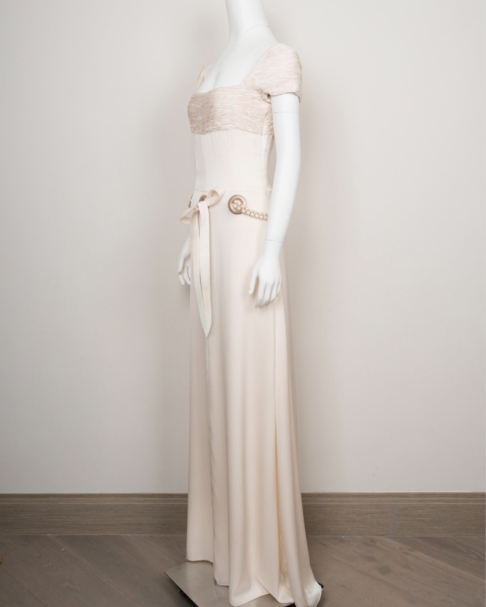 Preowned Valentino Spring 2005 Ivory Silk Gown with Pearl Belt
