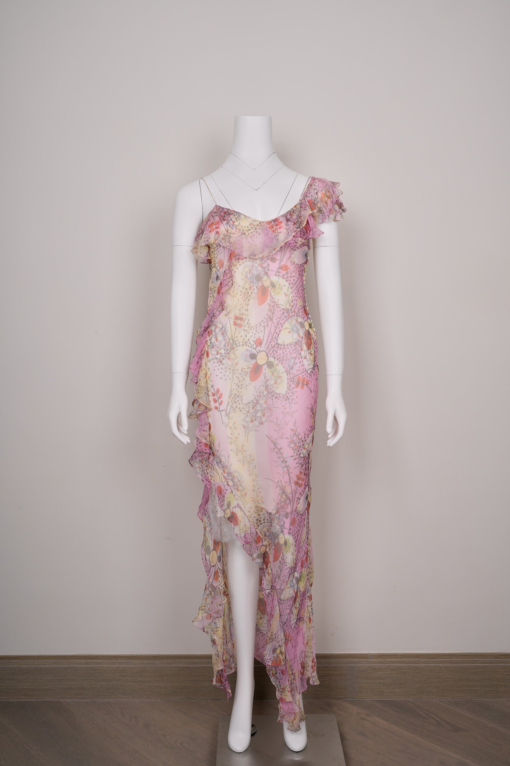 Preowned Christian Dior by John Galliano SS 2003 Abstract Floral Chiffon Dress Draped Frill & Self-Covered Buttons