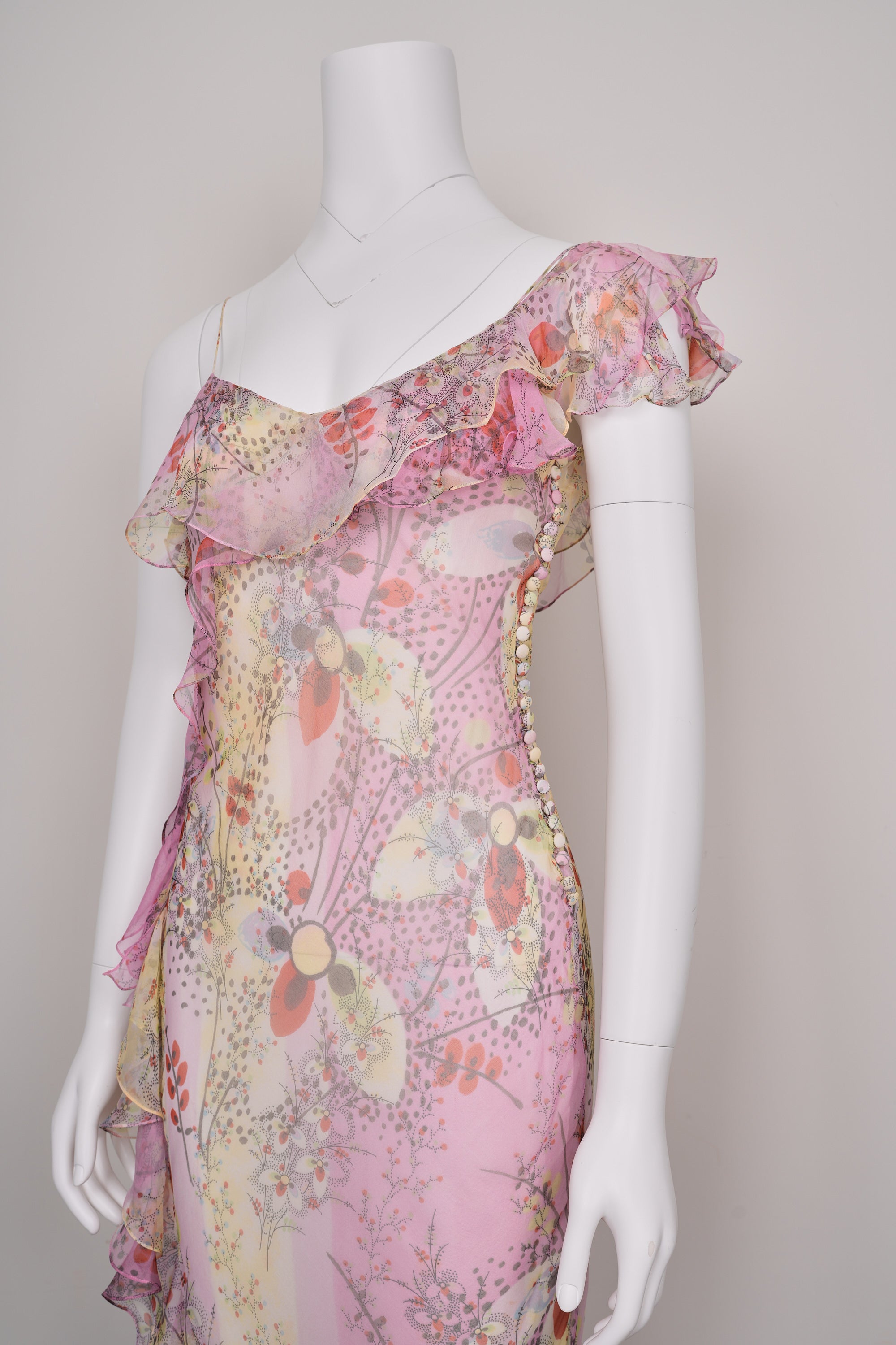 Preowned Christian Dior by John Galliano SS 2003 Abstract Floral Chiffon Dress Draped Frill & Self-Covered Buttons