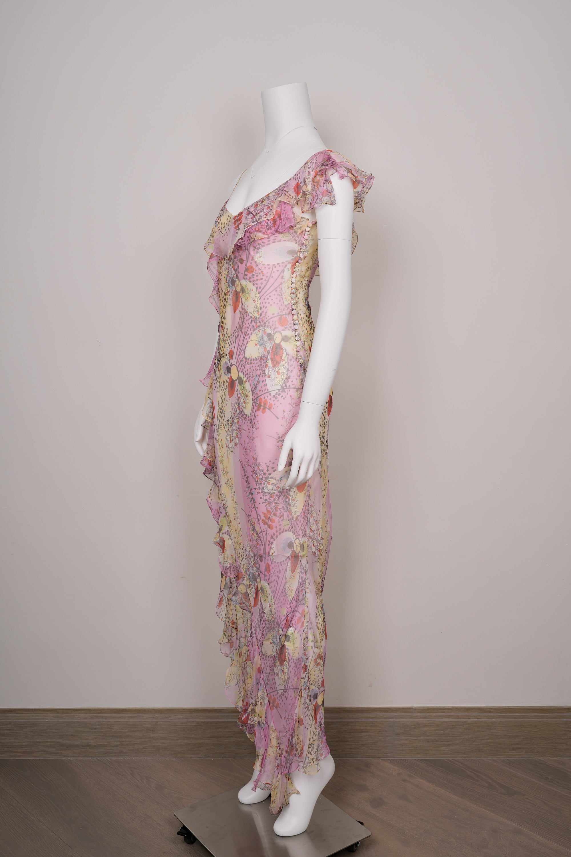 Preowned Christian Dior by John Galliano SS 2003 Abstract Floral Chiffon Dress Draped Frill & Self-Covered Buttons