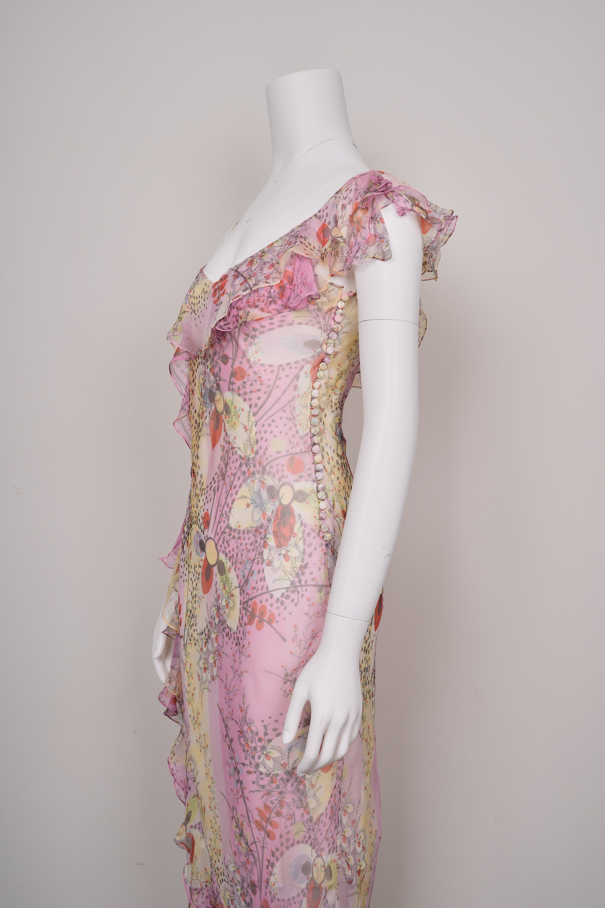 Preowned Christian Dior by John Galliano SS 2003 Abstract Floral Chiffon Dress Draped Frill & Self-Covered Buttons