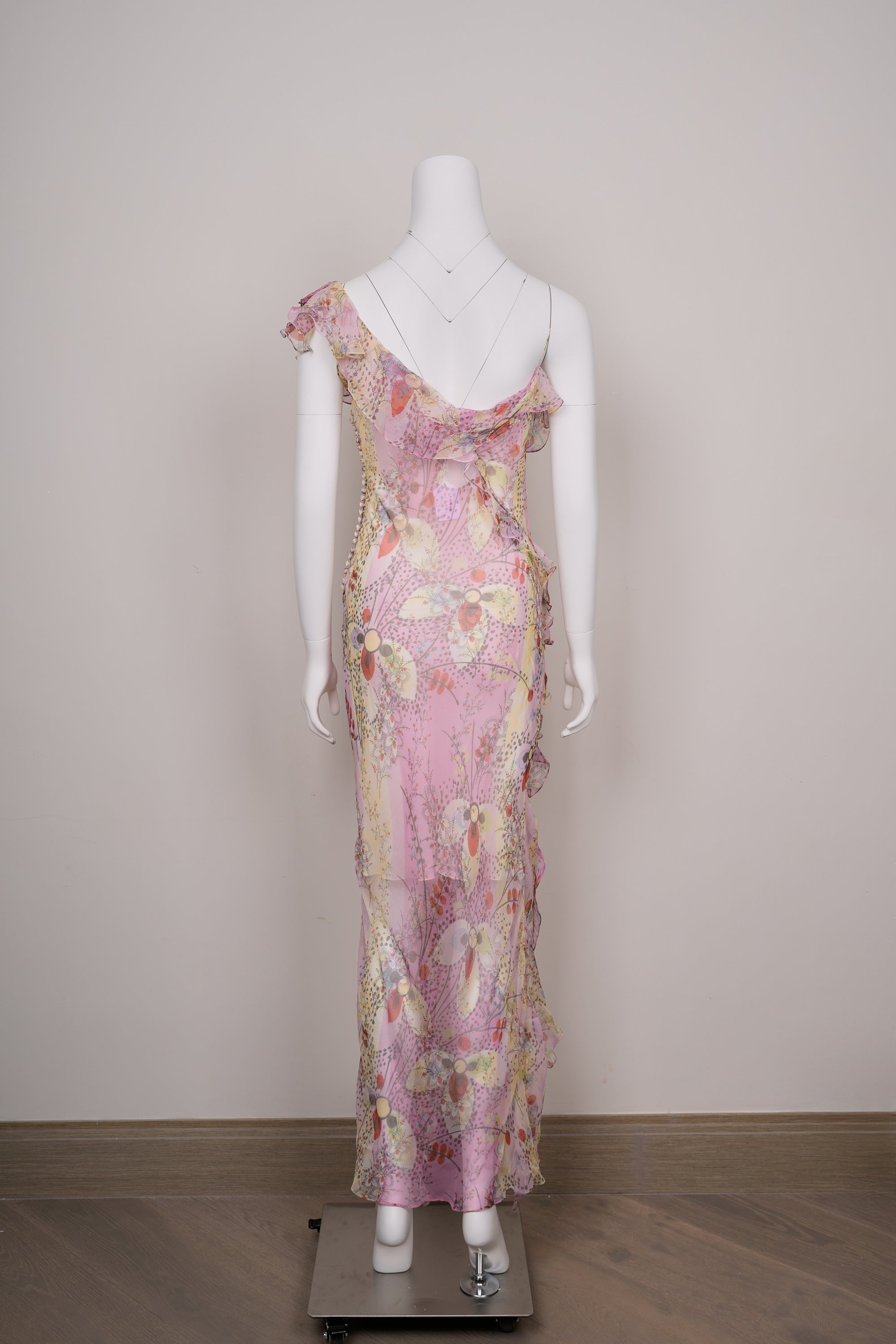 Preowned Christian Dior by John Galliano SS 2003 Abstract Floral Chiffon Dress Draped Frill & Self-Covered Buttons