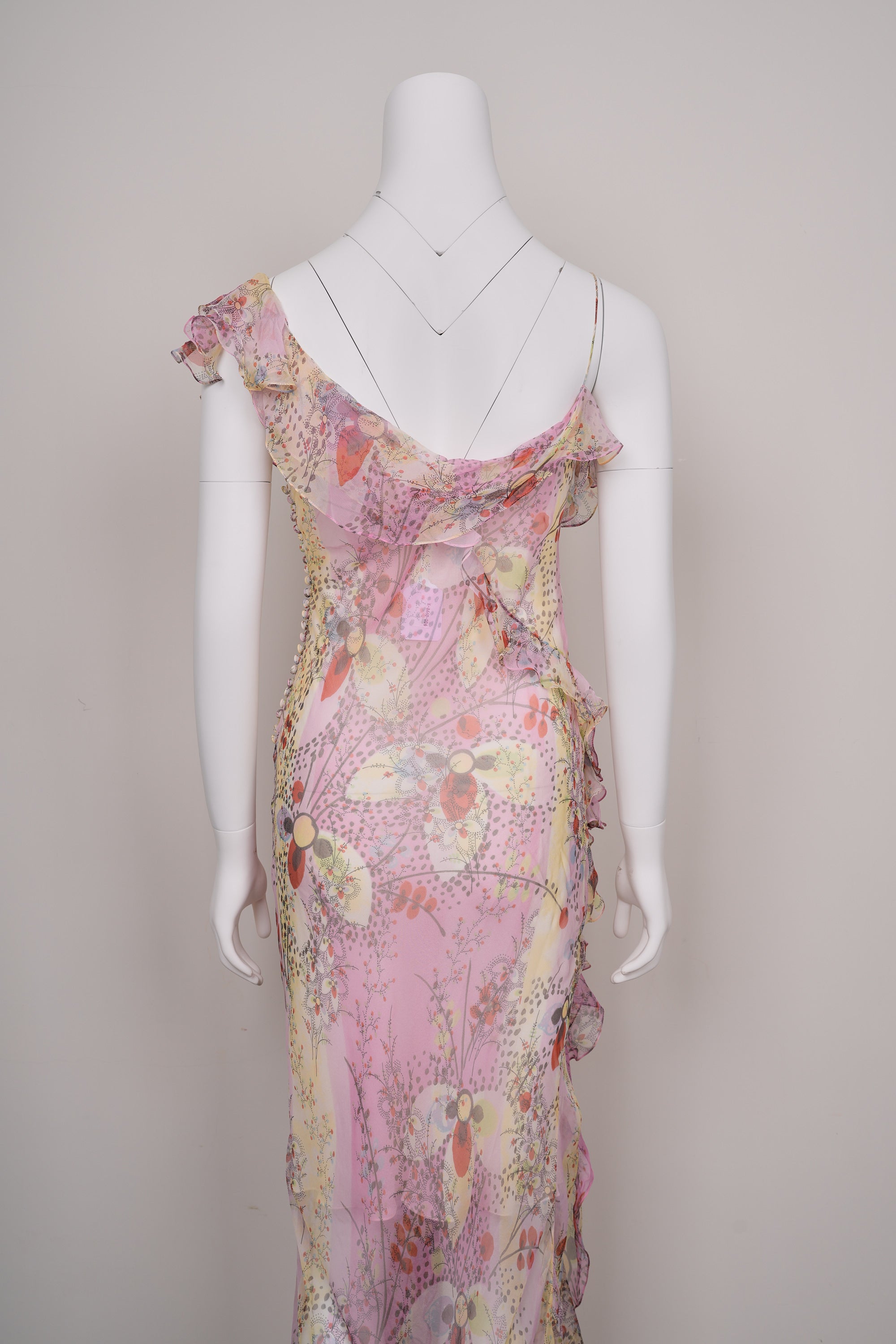 Preowned Christian Dior by John Galliano SS 2003 Abstract Floral Chiffon Dress Draped Frill & Self-Covered Buttons