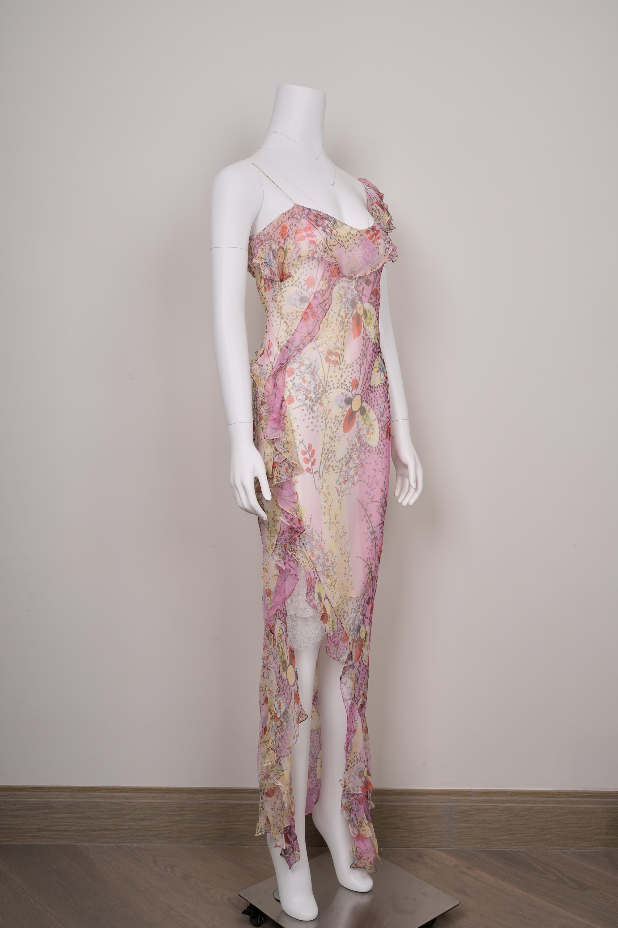 Preowned Christian Dior by John Galliano SS 2003 Abstract Floral Chiffon Dress Draped Frill & Self-Covered Buttons