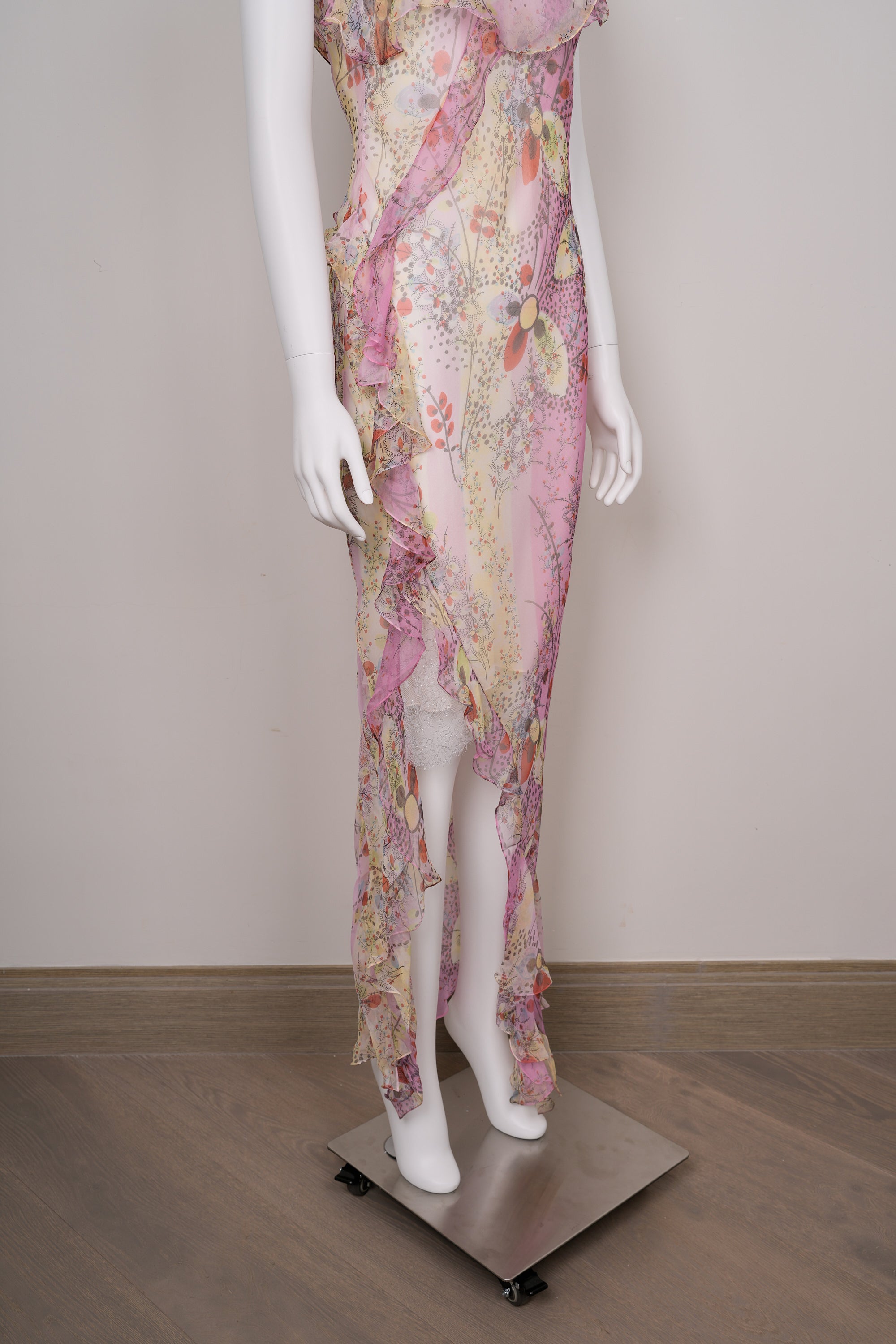 Preowned Christian Dior by John Galliano SS 2003 Abstract Floral Chiffon Dress Draped Frill & Self-Covered Buttons