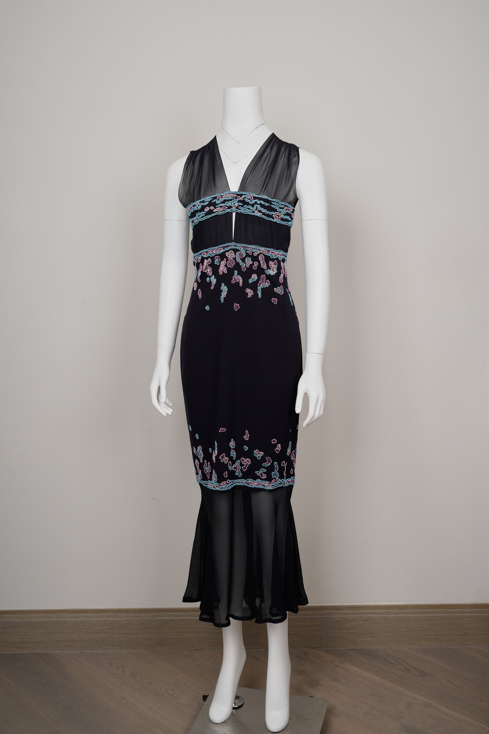 Chanel by Karl Lagerfeld Fall 1997–98 Black Chiffon & Wool Dress Beaded & Embroidered Bodice